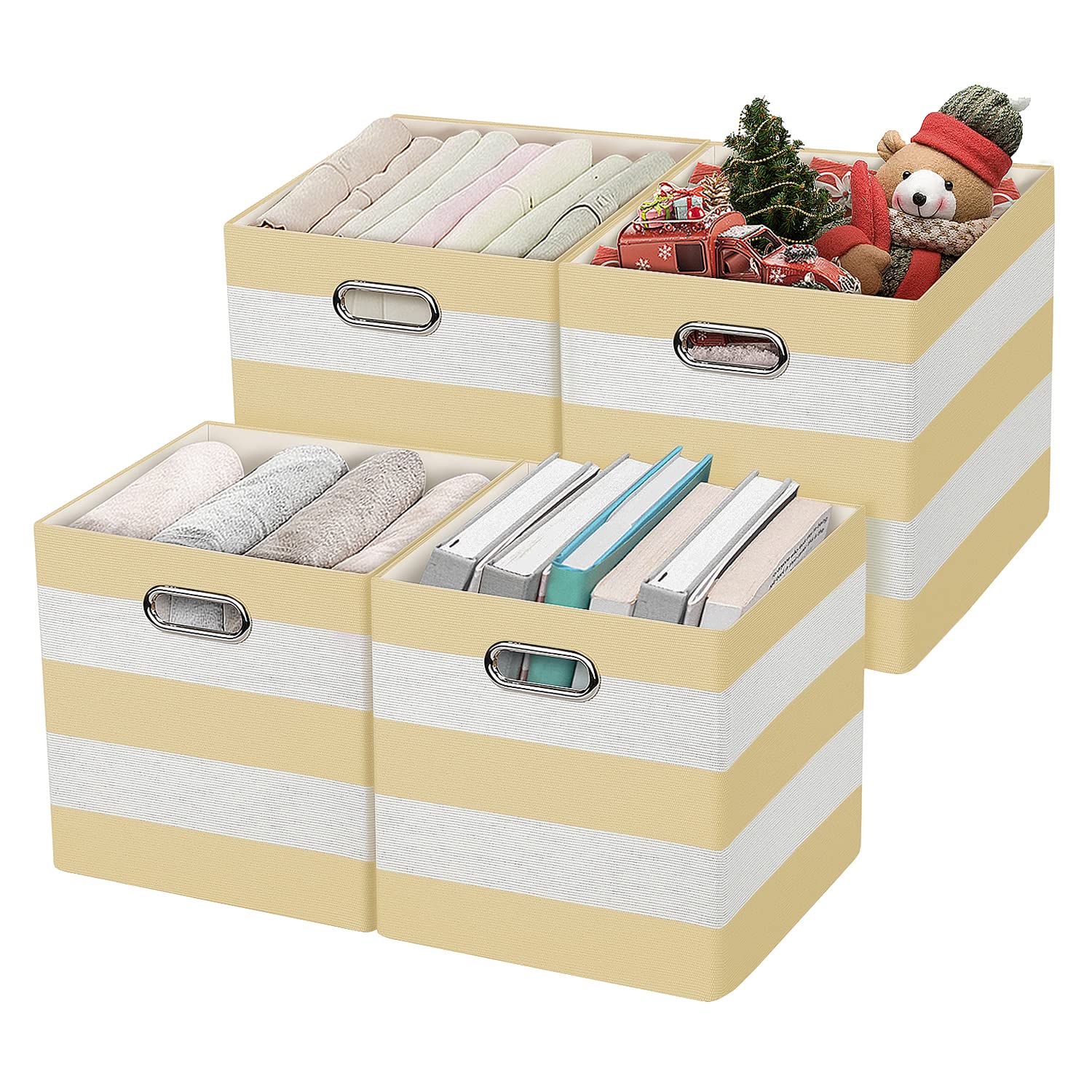 3X Thicker Foldable Fabric Storage Bins - 11x11 Inch Storage Cubes & Organizer Baskets, Set of 4 (Yellow Stripes) - Perfect for Closet, Nursery, Office & Home Organization