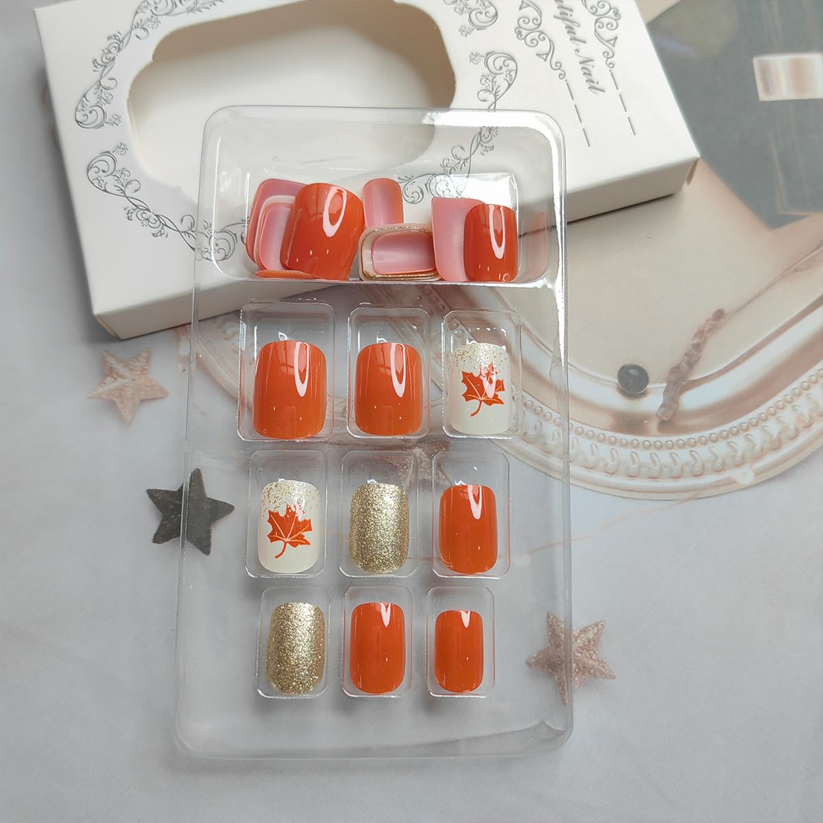 Short Square Press on Nails with Maple Leaf Design - Gold Glitter Foil Acrylic Fake Nails for Women | Fall & Thanksgiving Nail Art | Perfect for Autumn Parties, Holidays & Special Occasions
