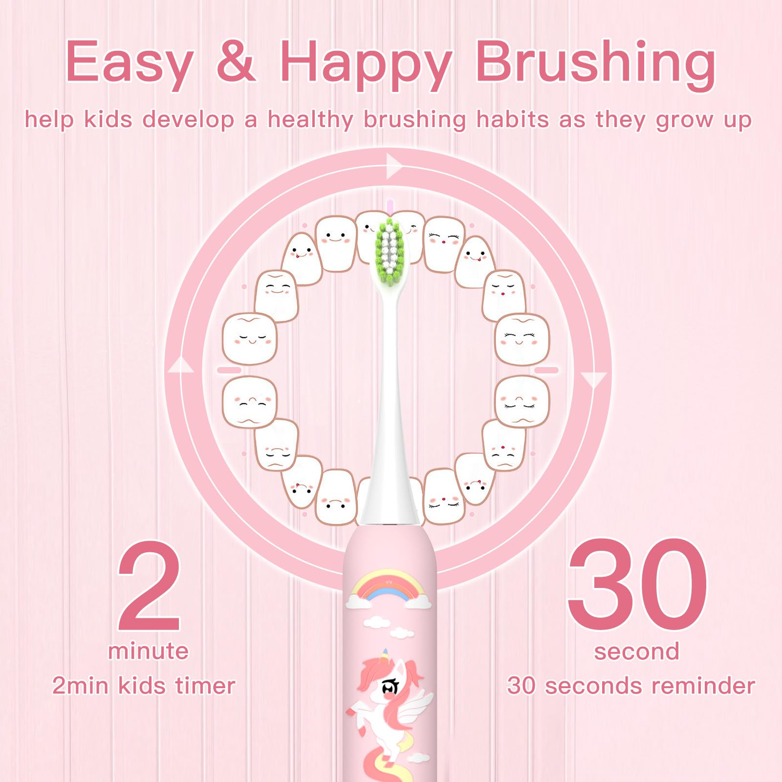 Rechargeable U-Shaped Kids Electric Toothbrush - Unicorn Toothbrush for Girls Ages 2-6 with 2-Minute Timer, 6 Cleaning Modes & 4 Brush Heads | Perfect for Toddler Dental Care & Fun Bath Time Routine
