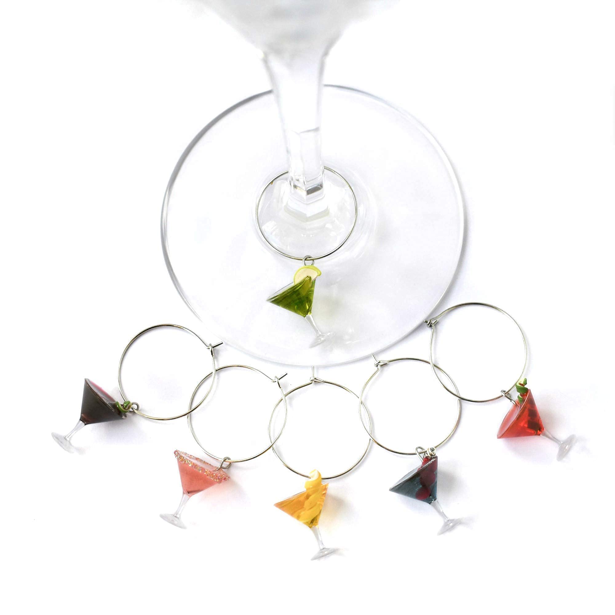 Handmade Polymer Clay Wine Charms - Set of 6 Martini Glass Markers, Unique Drink Identifiers for Parties, Weddings & Hostess Gifts - Perfect for Wine Tasting Events, Bridal Showers & Cocktail Parties