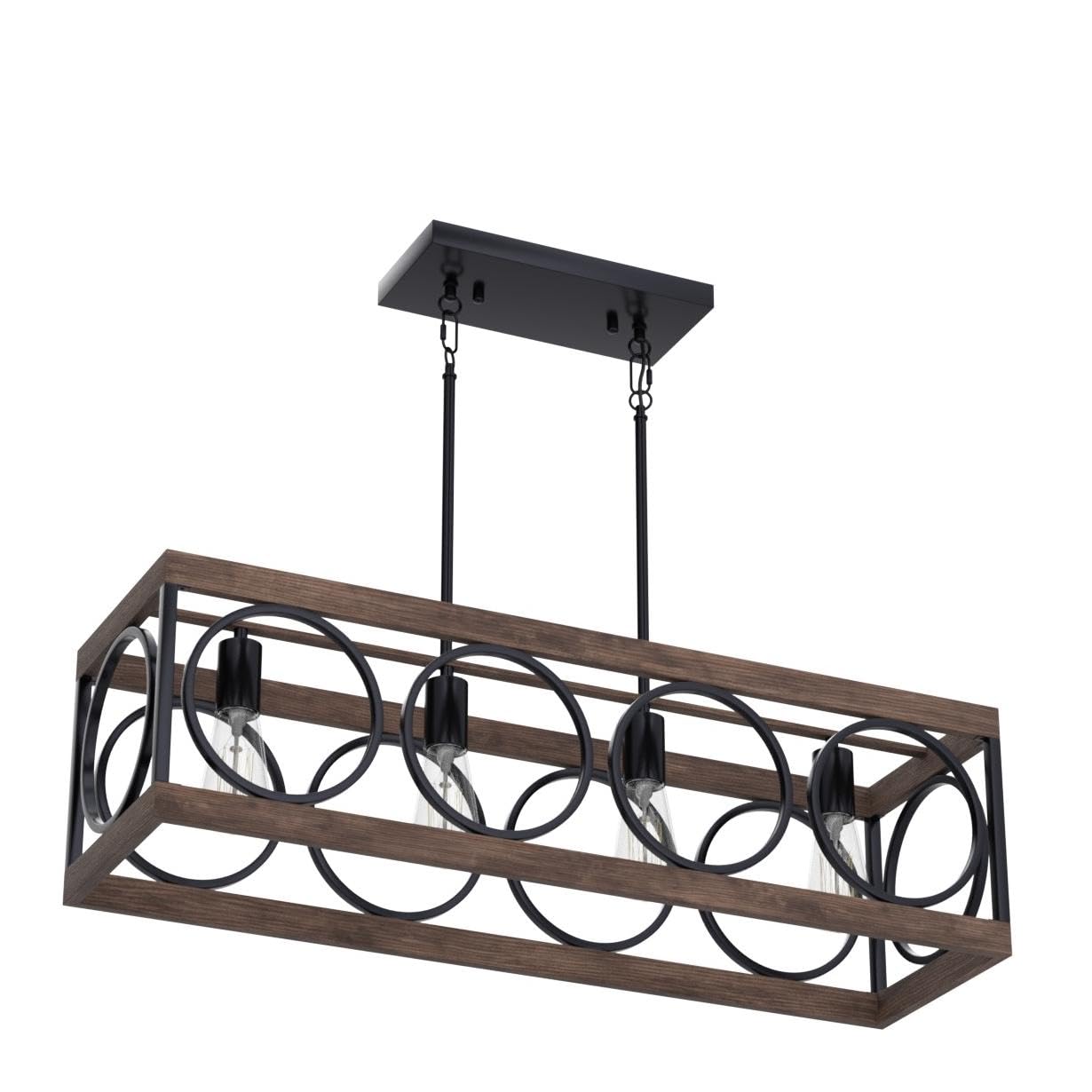 XINGQI Black Kitchen Island Light Fixture - Farmhouse Rectangular Linear Chandelier with Wood Grain Finish | 4-Light Pendant Ceiling Lighting for Dining Room, Bar, Office & Coffee Shop | Perfect for Modern Rustic & Industrial Decor