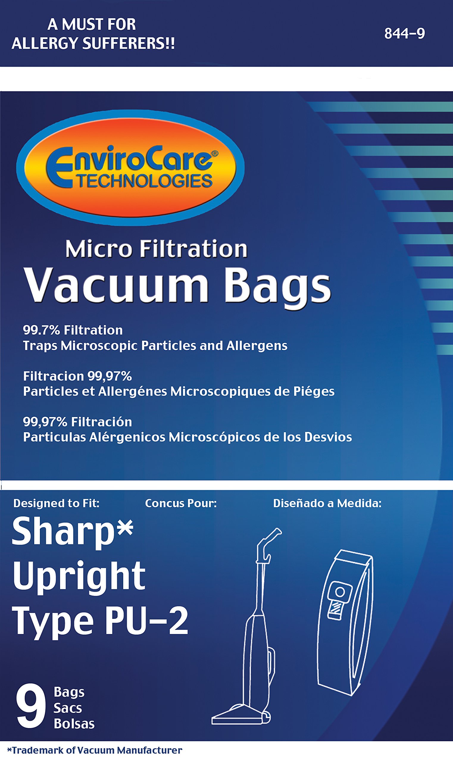 Sharp PU-2 Upright Vacuum Cleaner Replacement Dust Bags - 9 Pack Micro Filtration Bags for Dust & Allergen Control - Perfect for Home Cleaning & Pet Hair Removal