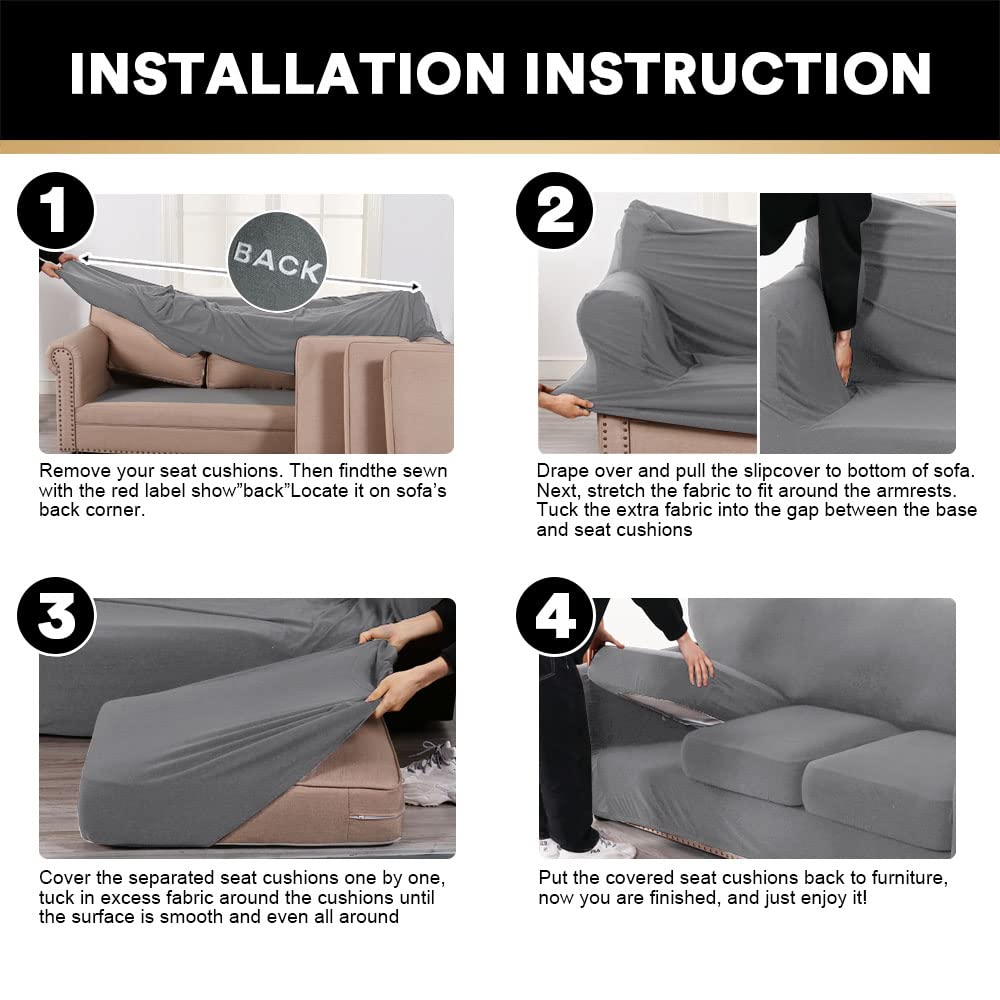 PrinceDeco 3-Piece Stretch Sofa Cover Set for 2-Cushion Couch & Loveseat - Soft Furniture Protector Slipcover (Medium, Grey) - Perfect for Living Room, Home Decor & Pet Protection