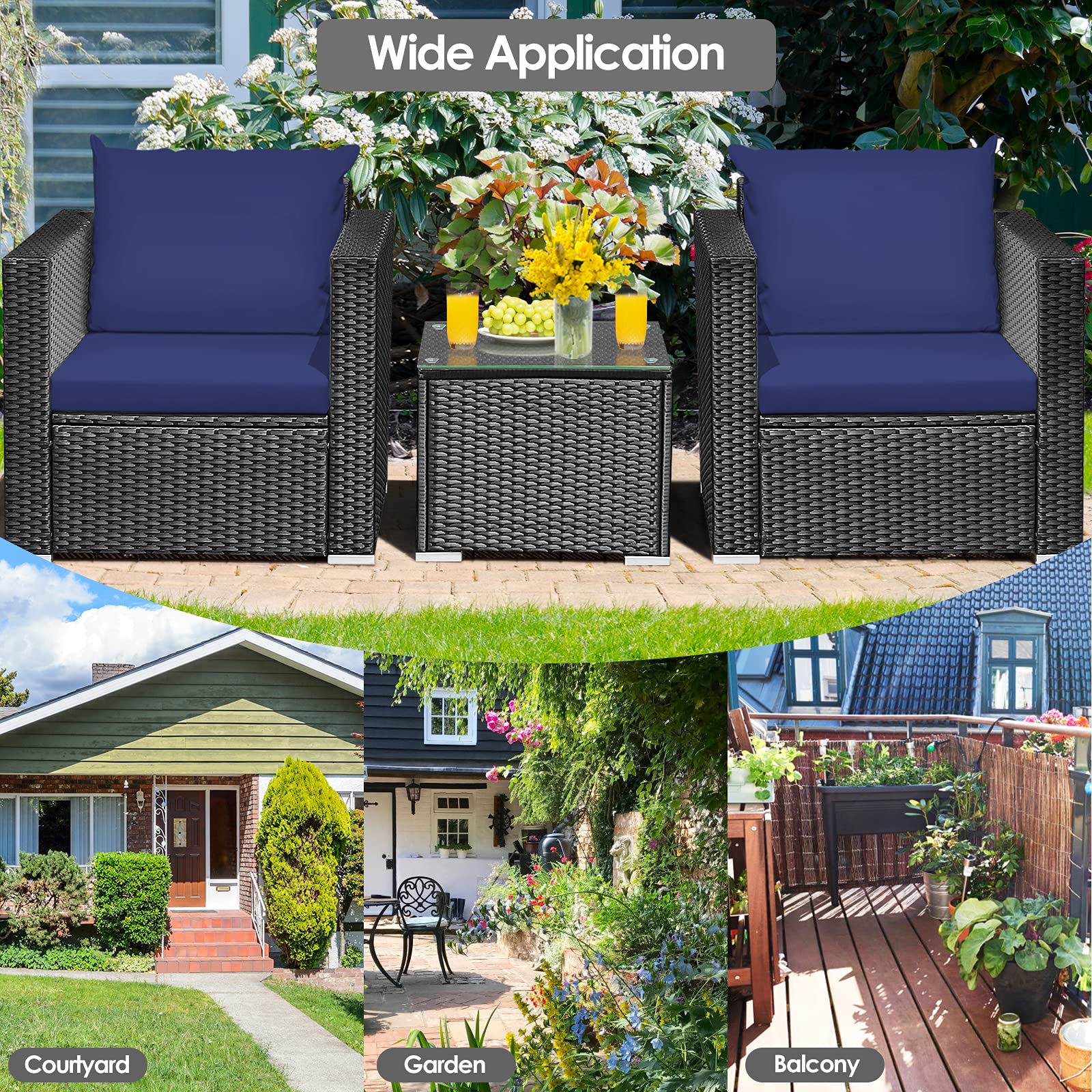 HAPPYGRILL 3-Piece Rattan Wicker Patio Furniture Set with Coffee Table & Cushions - Outdoor Conversation Sofa Set for Garden, Balcony, Porch, Poolside - Perfect for Relaxing, Entertaining & Lounging in Your Backyard or Outdoor Space