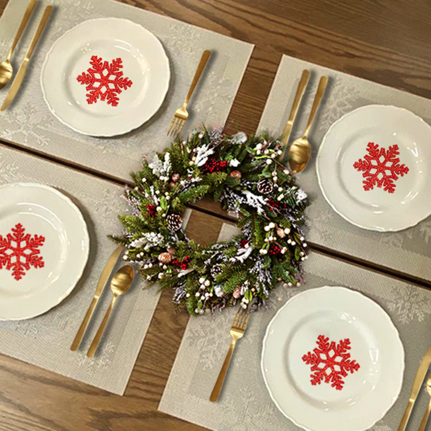6-Piece Christmas Placemats Set - Woven Vinyl Non-Slip Washable Table Mats for Kitchen Dining, Anti-Skid Holiday Decor (Snow Silver) | Perfect for Festive Dinner Parties & Family Gatherings