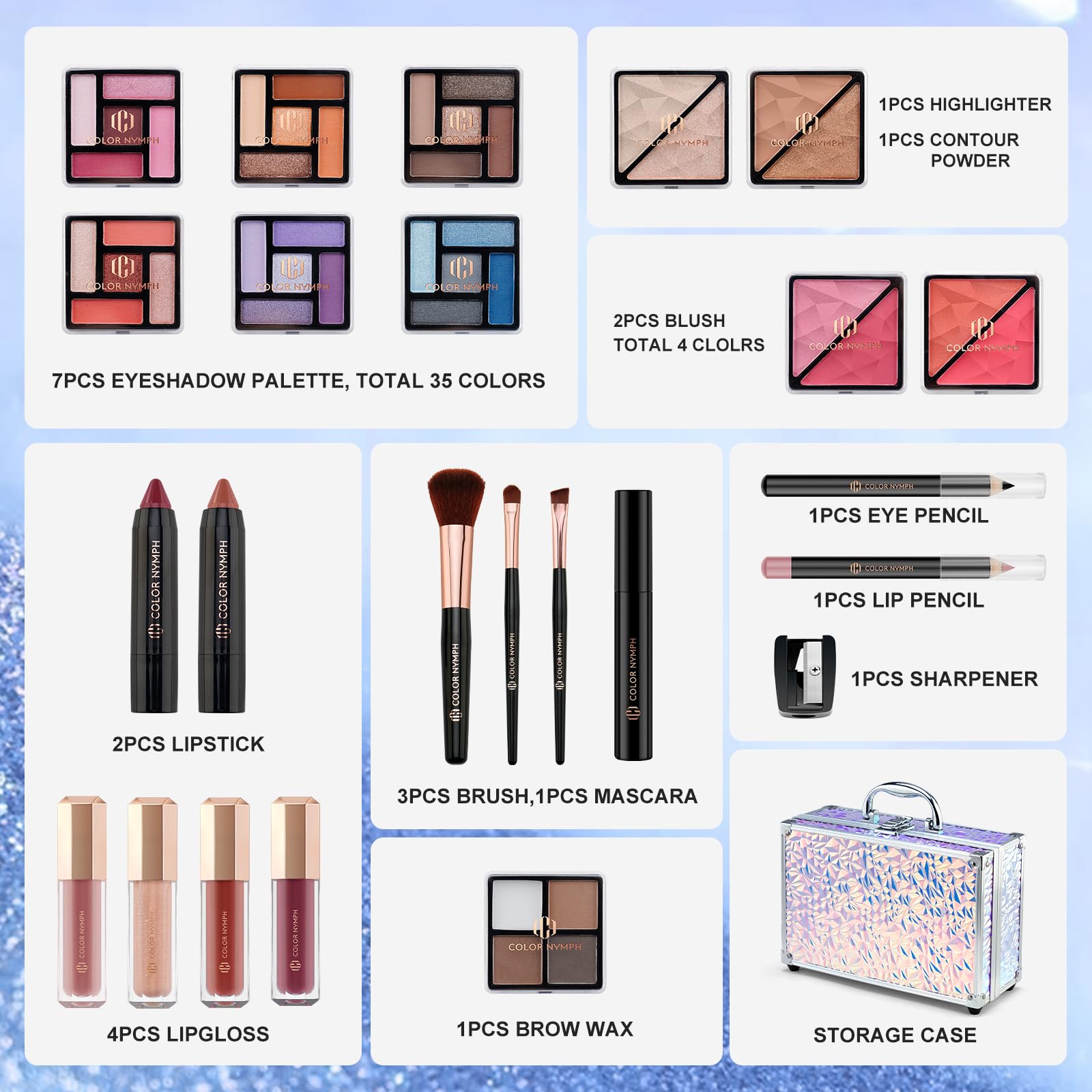 Professional Color Nymph Makeup Kit with Travel Case - Complete Cosmetic Set for Teens & Beginners (Eyeshadow, Lipstick, Blush, Lip Gloss, Mascara + Tools) - Dreamy Silver - Perfect for Everyday Makeup, Parties & Travel