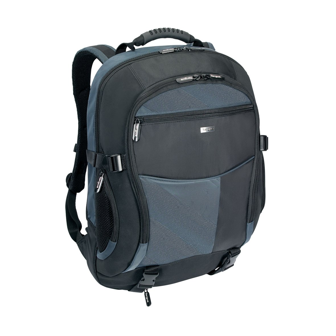 Targus 18-Inch Laptop Backpack with Water-Resistant Rain Cover - Ergonomic Padded Shoulder Straps, Adjustable Chest & Waist Straps - Durable Molded Carry Handle (Black/Blue) - Perfect for Work, School & Travel