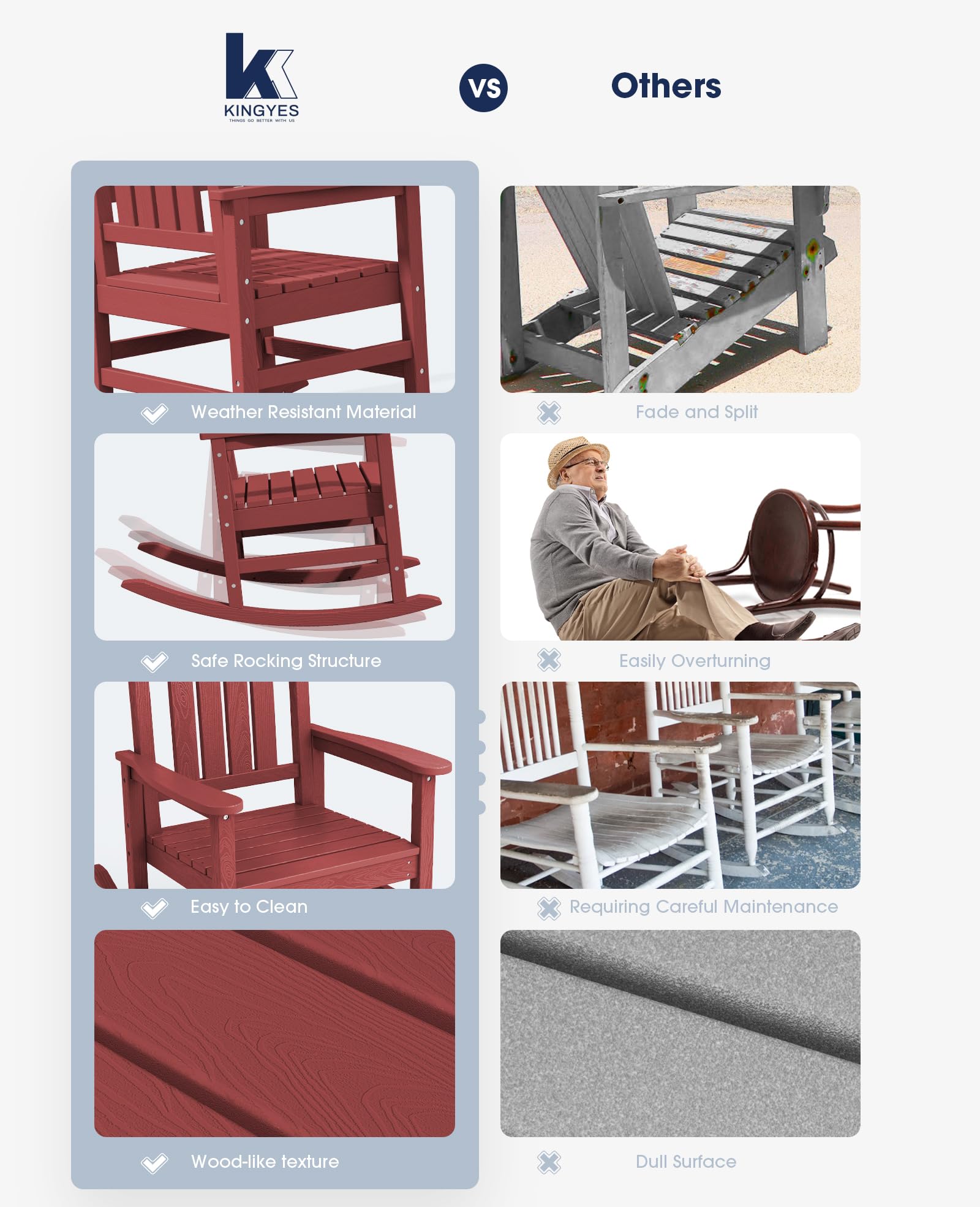 KINGYES Weather-Resistant Outdoor Rocking Chair - High Back Patio Rocker for Adults, Dark Red - Perfect for Porch, Garden & Backyard Relaxation
