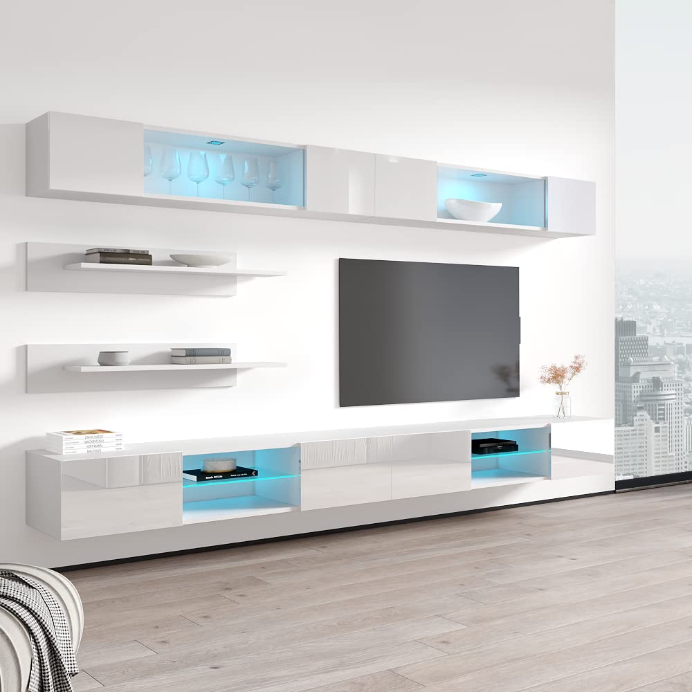 Modern White Wall-Mounted TV Stand with Storage Shelves & LED Lights - Floating Entertainment Center Console for Living Room & Bedroom - Space-Saving I3 33TV Media Unit - Perfect for Small Apartments, Home Theaters, and Stylish Decor