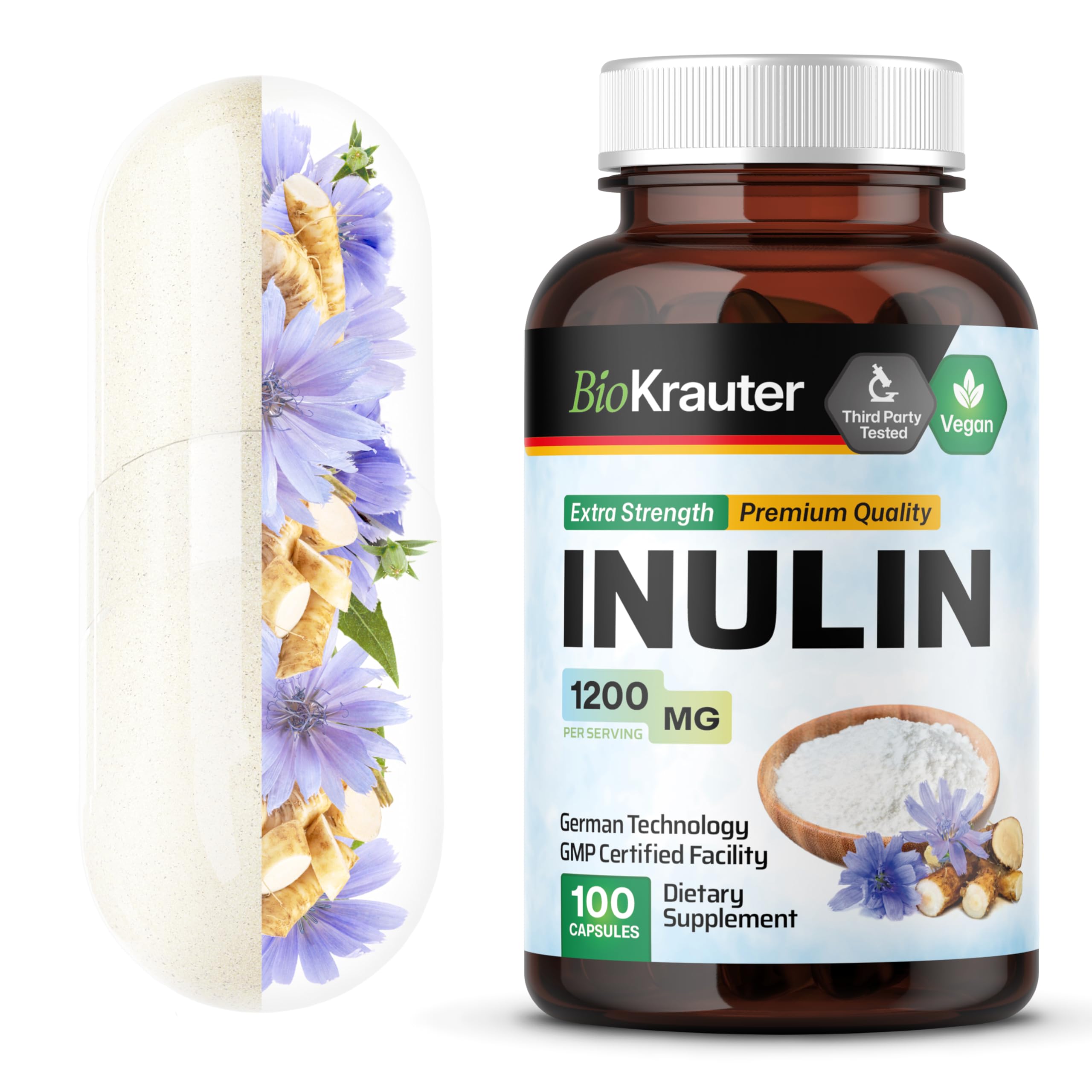 BIO KRAUTER Inulin Powder Capsules 1200mg - 100 Count Pure Soluble Fiber Supplement | Chicory Root Fiber for Digestive Support | Vegan, Non-GMO | Supports Gut Health & Weight Management | Perfect for Smoothies, Coffee & Baking