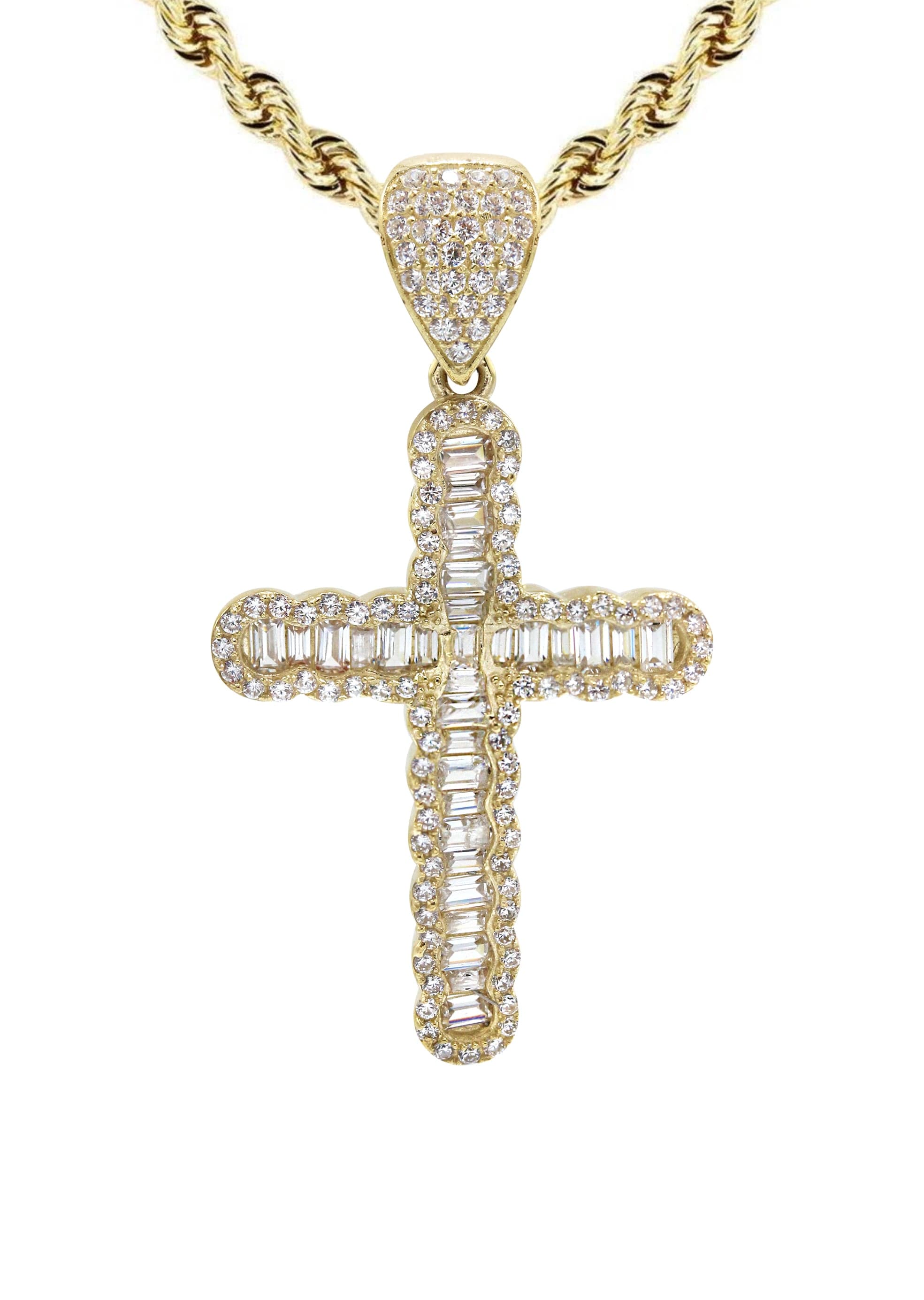 10K Yellow Gold Baguette Cross Necklace for Women - 13.7 Grams Dainty Religious Jewelry - Perfect for Church, Baptism & Everyday Wear