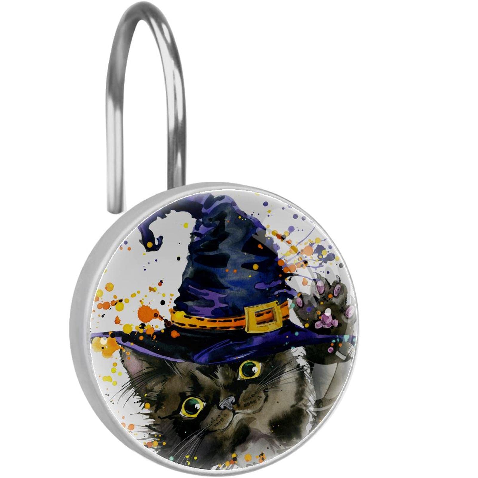 12 Pack Cat Witch Hat Shower Curtain Hooks - Crystal Glass Bathroom Decor Rings for Shower Curtains, Bathtub & Bath Accessories - Halloween Themed Bathroom Decorations