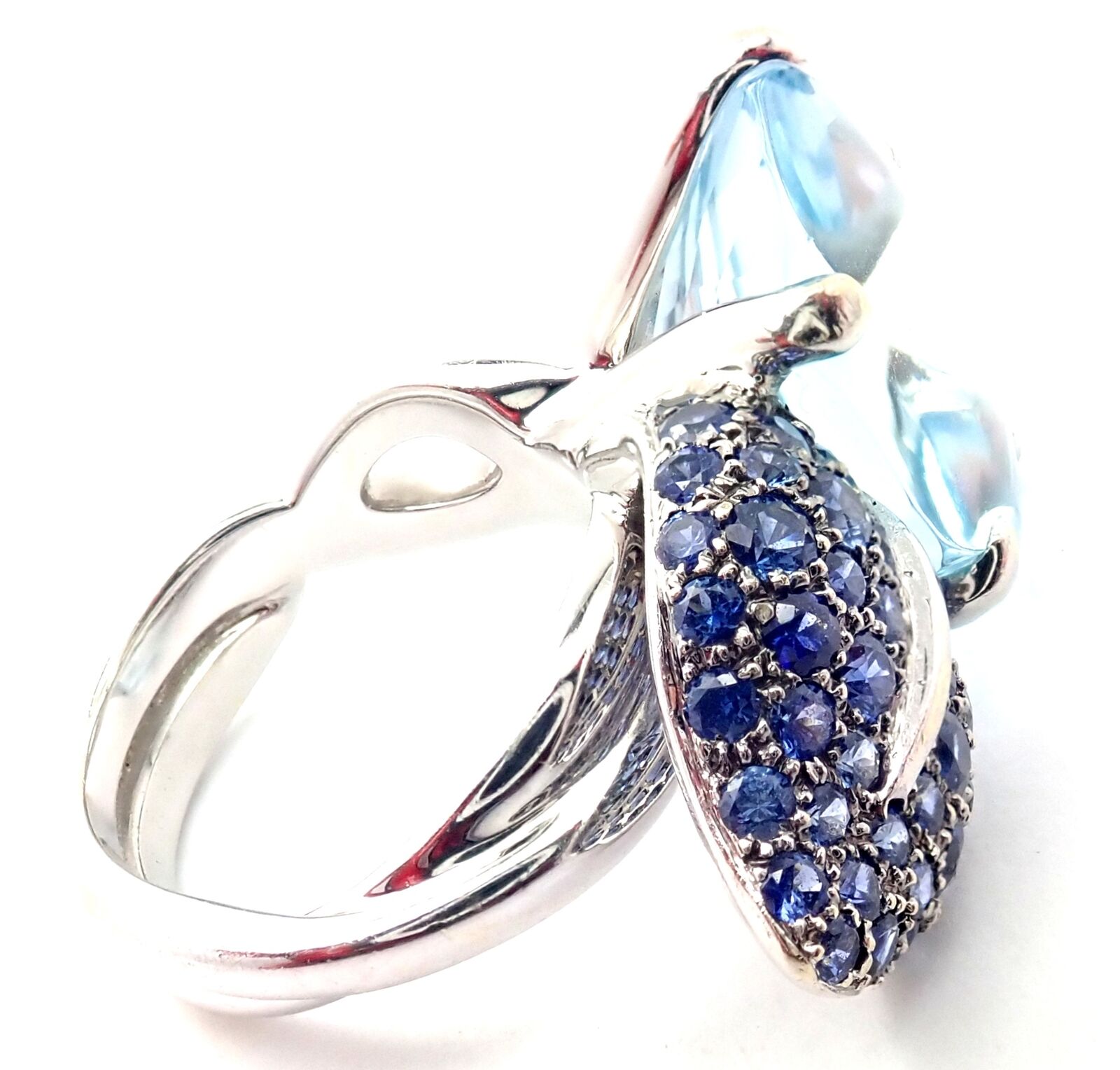 Authentic Chanel Camellia Flower 18k White Gold Ring with Aquamarine & Sapphire Gemstones - Luxury Jewelry for Women, Perfect for Weddings, Anniversaries & Special Occasions