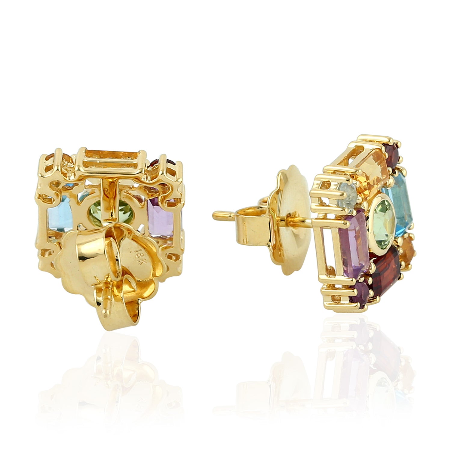 Baguette Cut Garnet Bezel Set Peridot Multi Gemstone Square Stud Earrings in Gold - Elegant Dainty Jewelry for Women, Perfect for Weddings, Parties & Everyday Wear