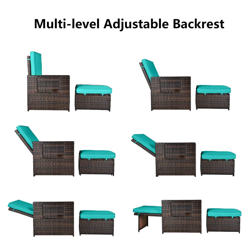 5PCS Outdoor Wicker Chaise Lounge Chair Set - Adjustable Rattan Reclining Patio Furniture with Ottoman & Coffee Table, Waterproof Cushions for Backyard, Poolside, Beach (Brown Wicker & Turquoise Cushion) | Perfect for Sunbathing, Relaxing & Outdoor Entertaining