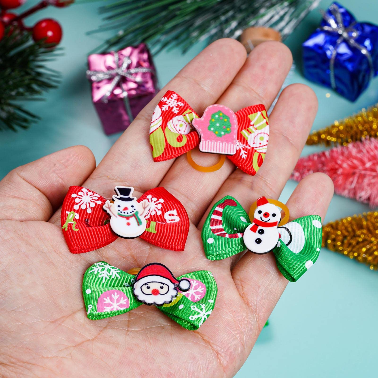 Christmas Dog Hair Bows 20pcs - Red & Green Pet Accessories for Holiday Parties