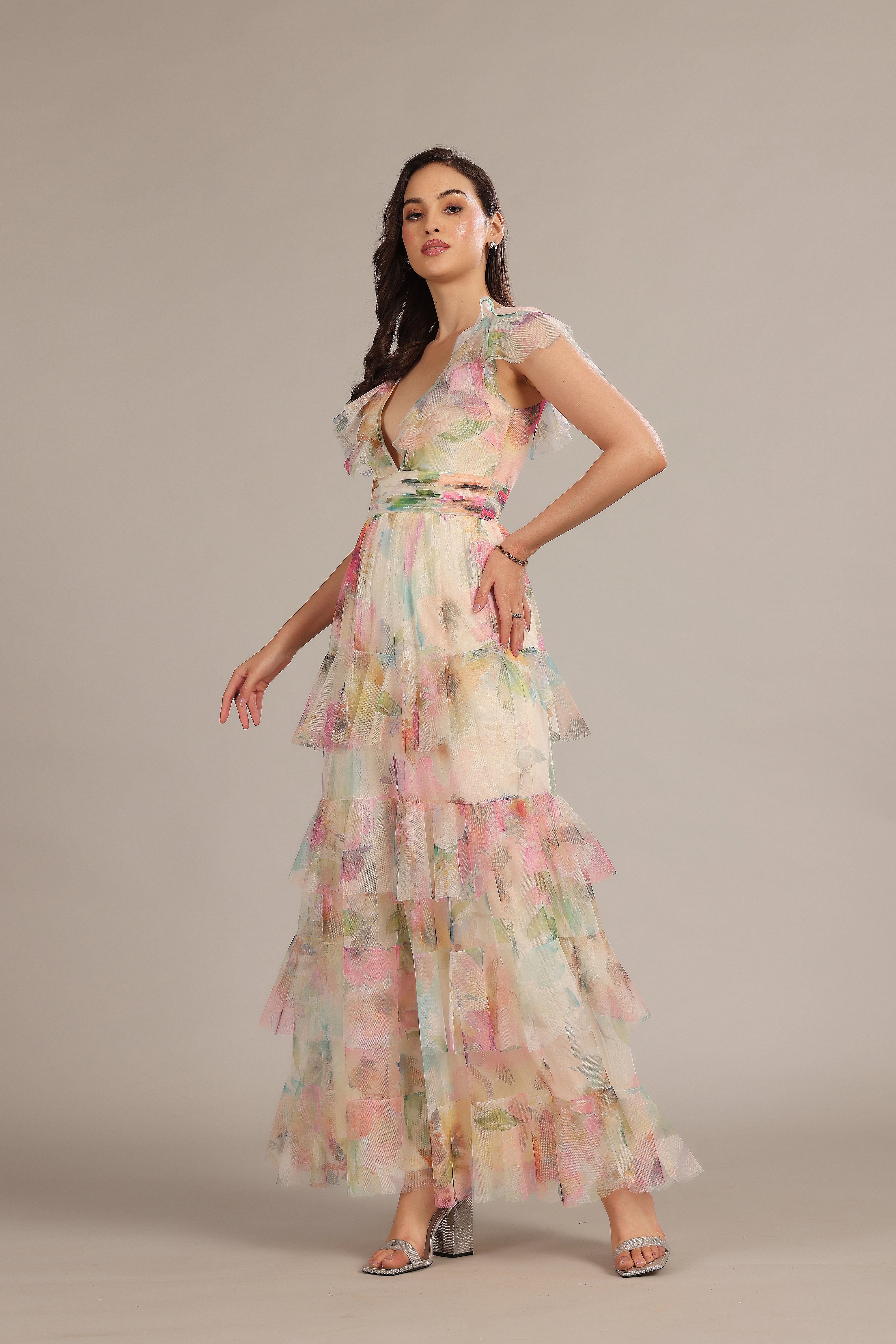 Olympia Maxi Dress in Cream Pink Floral - Elegant Long Summer Dress for Women, Beach Wedding Guest Outfit, Boho Chic Flowy Dress for Vacation & Special Occasions