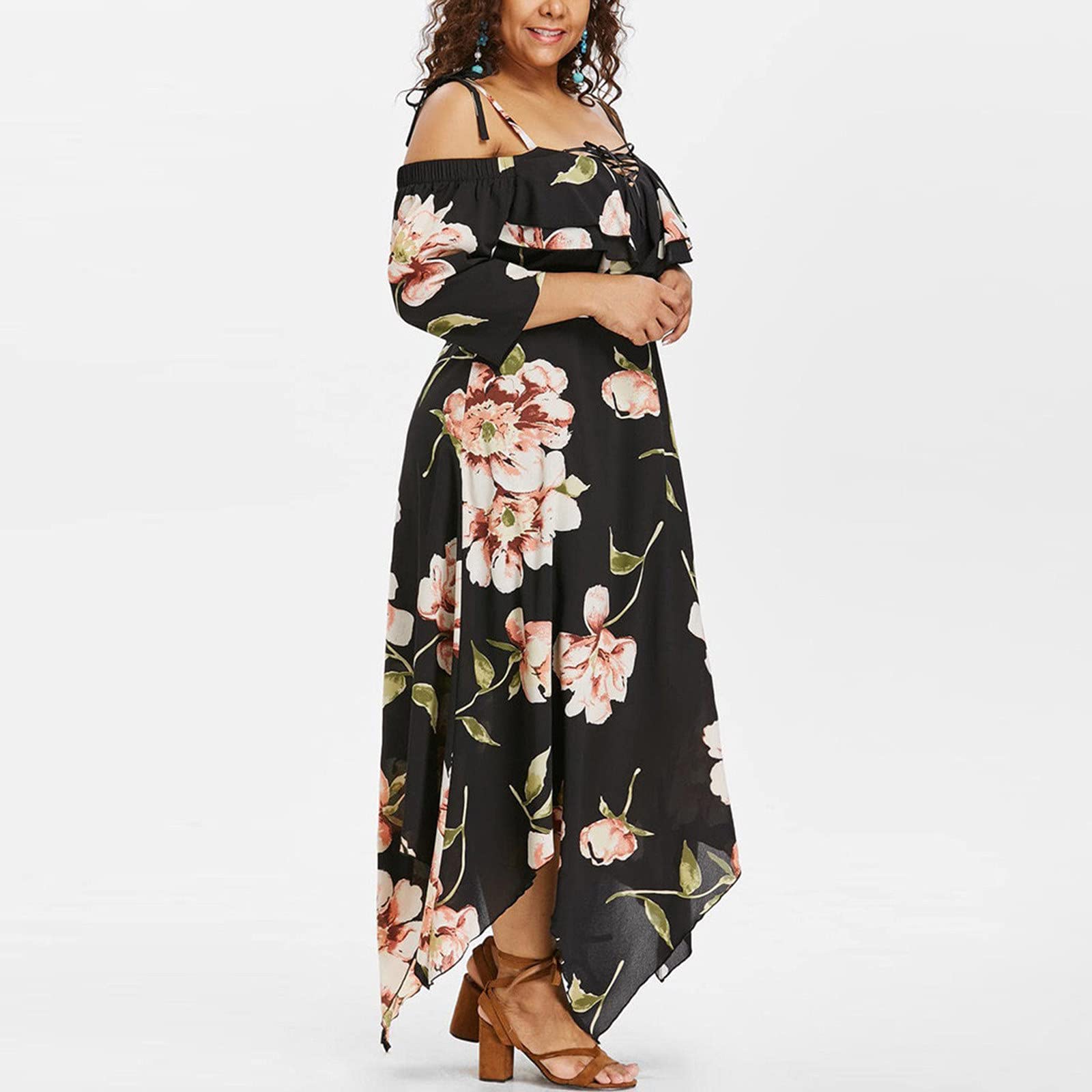 Plus Size Floral Print Boho Dress for Women - Elegant Strap Sleeveless Off Shoulder Midi Dress with Asymmetric Hem | Perfect for Beach Vacations, Summer Parties & Boho Chic Outfits