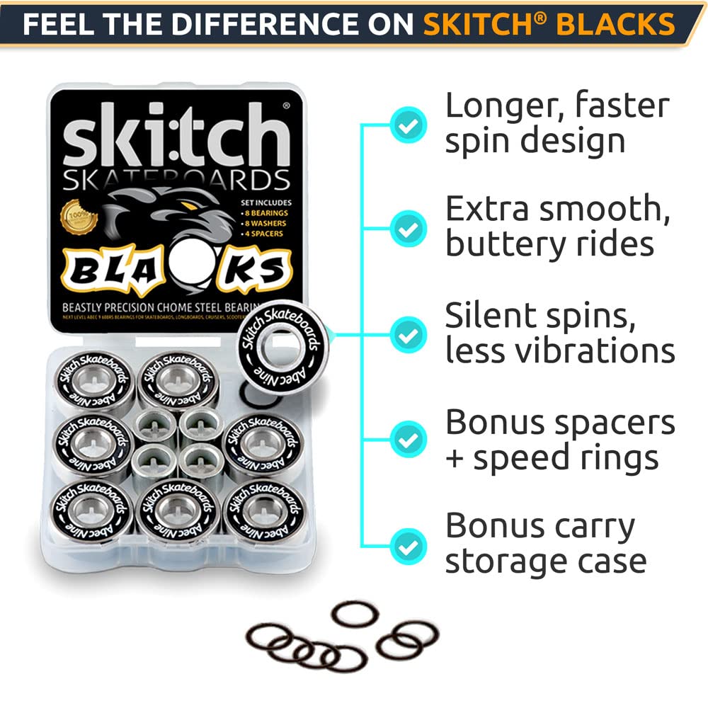 SKITCH 8 Pack 608 2RS ABEC 9 Chrome Steel Precision Ball Bearings - 8mm x 22mm x 7mm for Skateboards, Longboards, Inline Skates, Scooters | Includes Washers & Spacers | High-Speed Performance for Smooth Rolling & Durability
