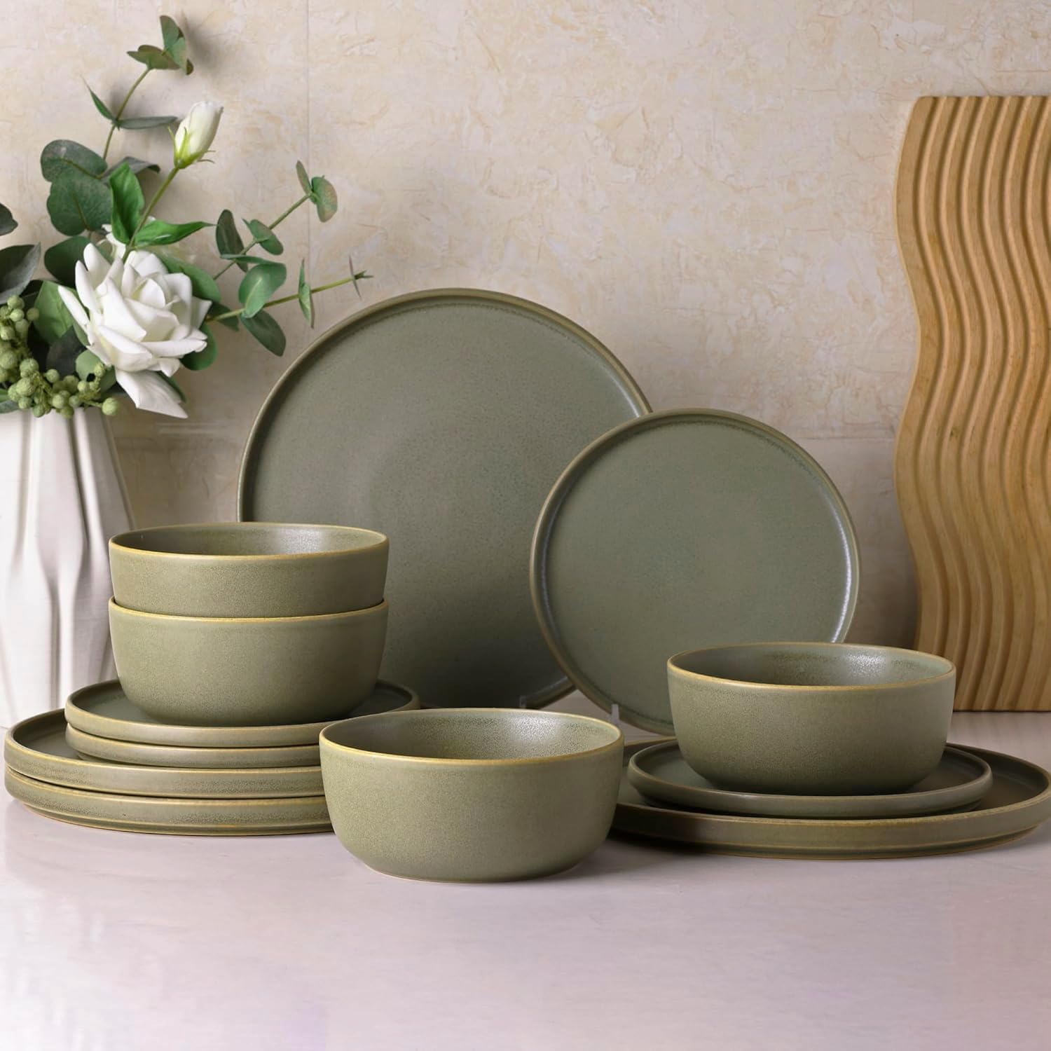 AmorArc 12-Piece Stoneware Dinnerware Set for 4 - Chip Resistant & Microwave Safe for Everyday Dining