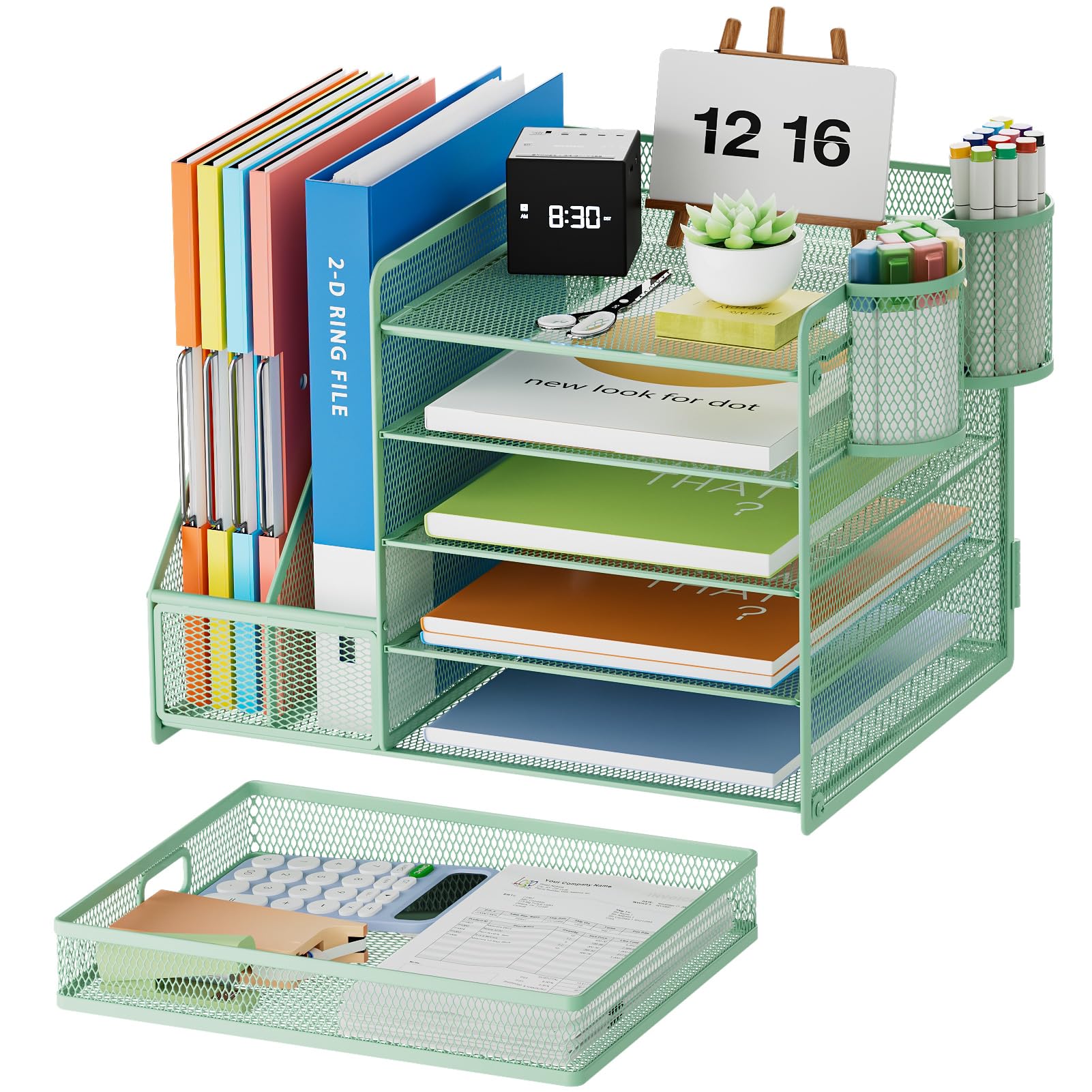5-Tier Mesh Desk Organizer with File Holder, Drawer & 2 Pen Holders - Green Office Storage for Paper, Magazines & Supplies - Perfect for Home Office, School & Workspace Organization