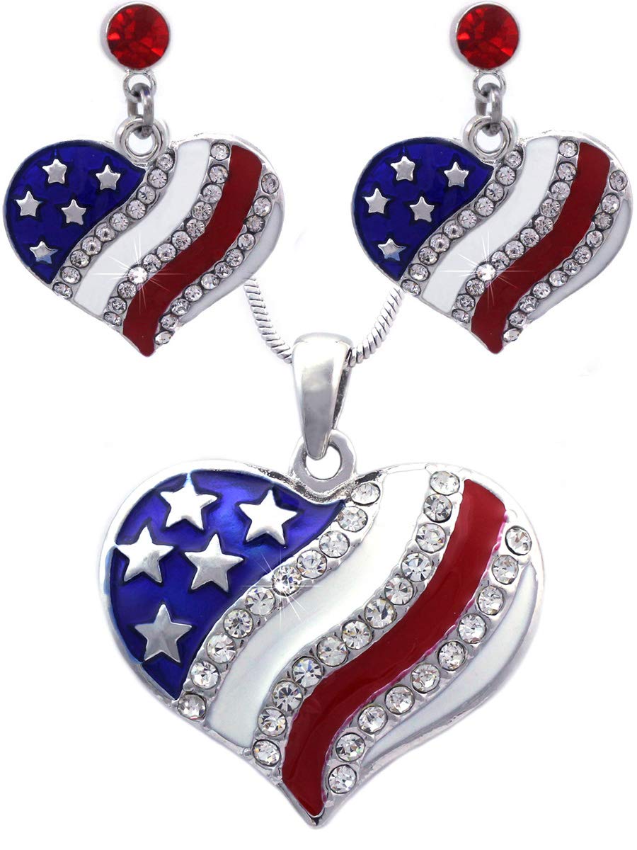 Patriotic 4th of July Jewelry Set - USA Flag Heart Pendant Necklace & Dot Dangle Earrings - Perfect for Independence Day, Memorial Day, Veterans Day & Patriotic Events
