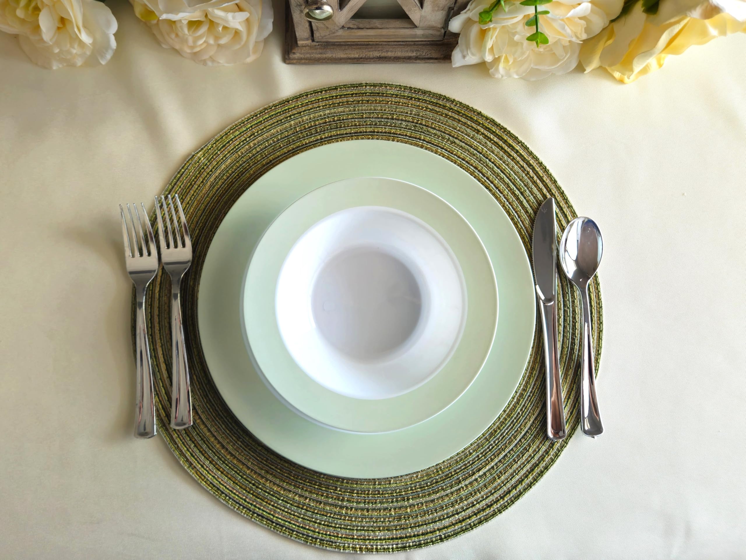 240-Pack Heavyweight Disposable Plastic Plates for Weddings & Parties - 120x10.25'' Dinner Plates + 120x7.5'' Salad/Dessert Plates (Rio Collection White & Pearled Green) - Perfect for Wedding Receptions, Bridal Showers & Large Gatherings