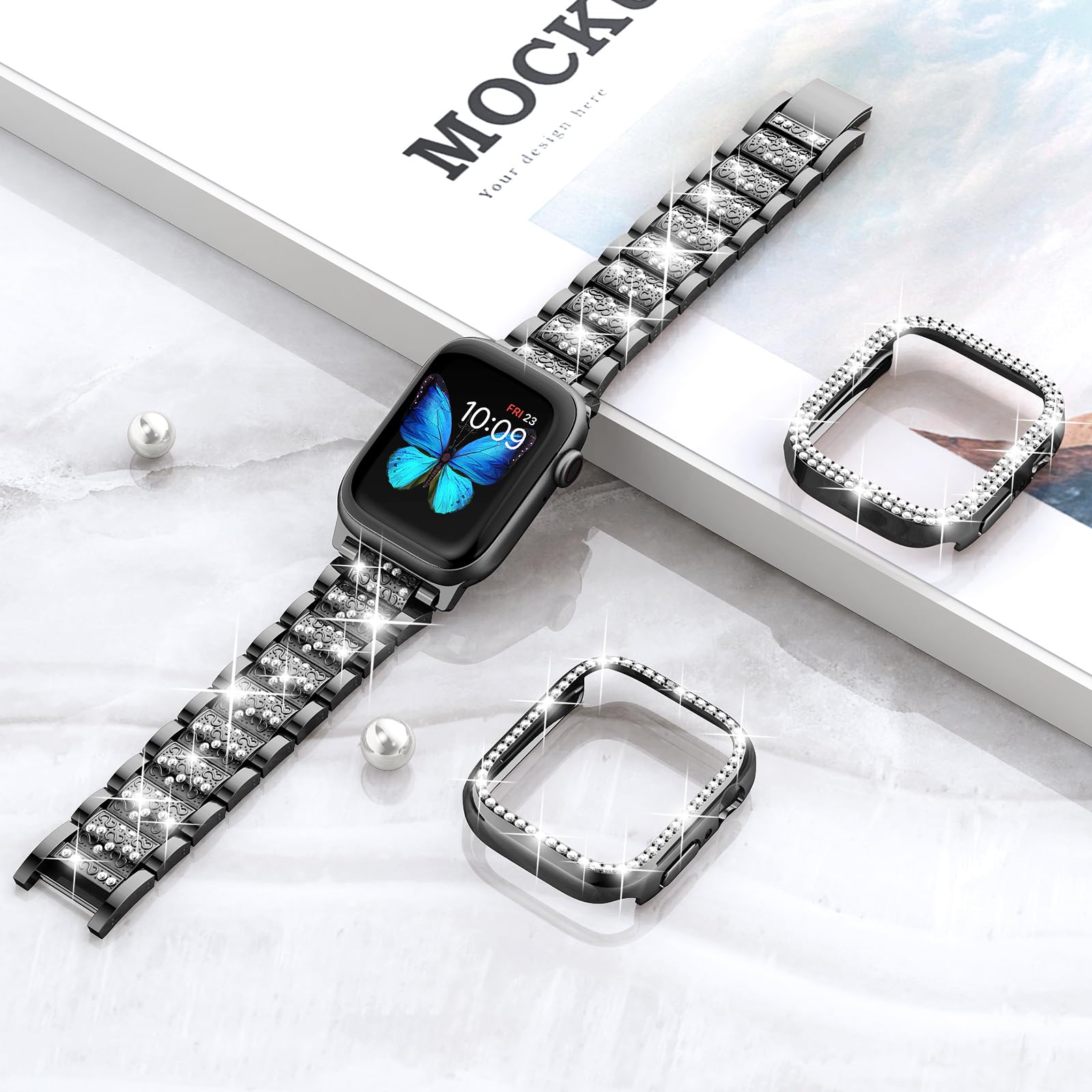 SUPOIX Luxury Bling Diamond Metal Band & 2-Pack Protective Case for Apple Watch Series 9/8/7 41mm - Elegant Jewelry Watch Accessory for Women, Perfect for Daily Wear, Work & Special Occasions (Black)