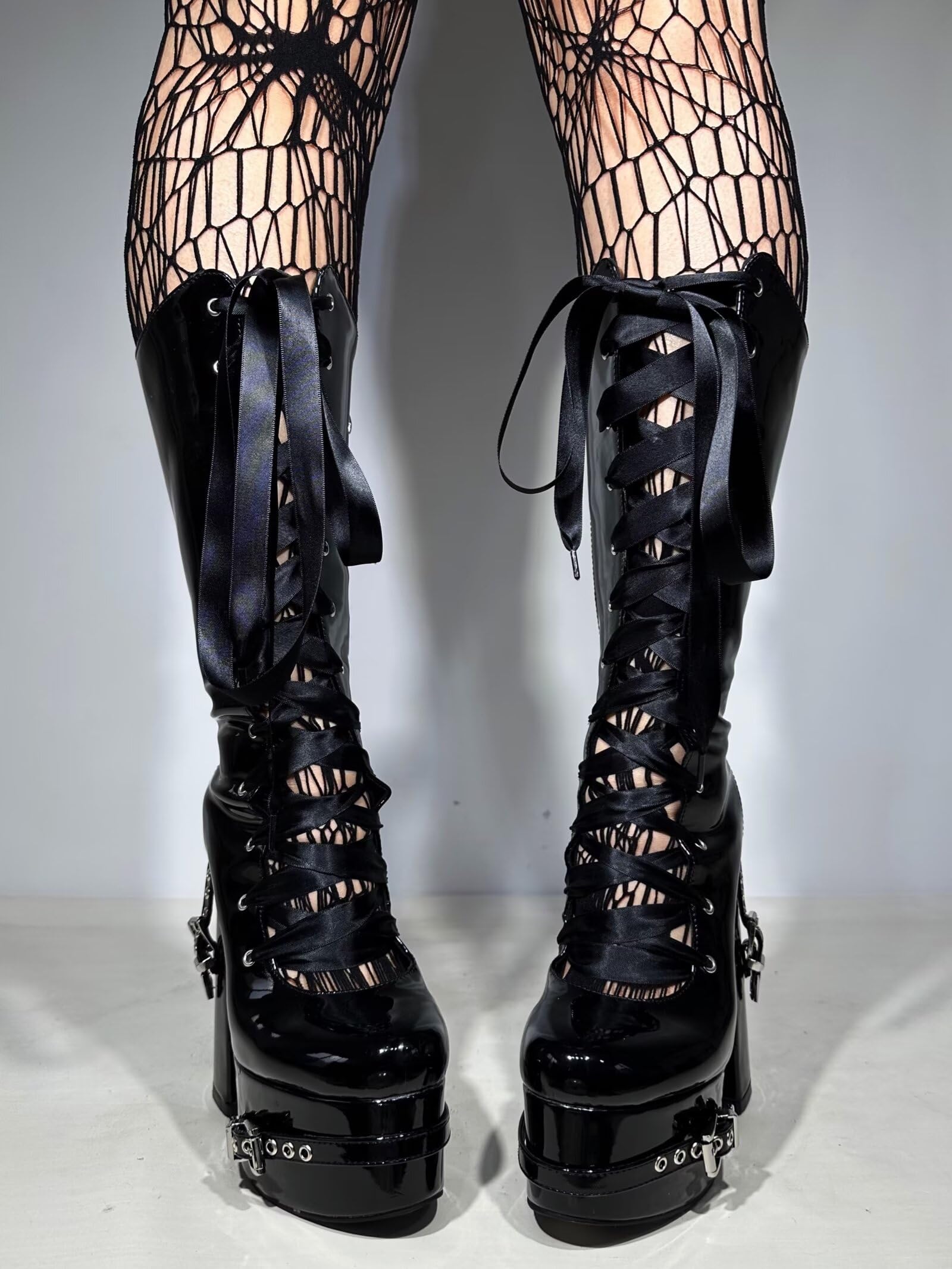 Gothic Chunky Platform Knee High Boots for Women & Men - Black Patent Leather with Silver Rivets & Satin Ribbon Lace-Up | Dark Punk Y2K Style, Wide Calf Design | Perfect for Halloween, Cosplay, Goth Fashion & Nightclub Outfits