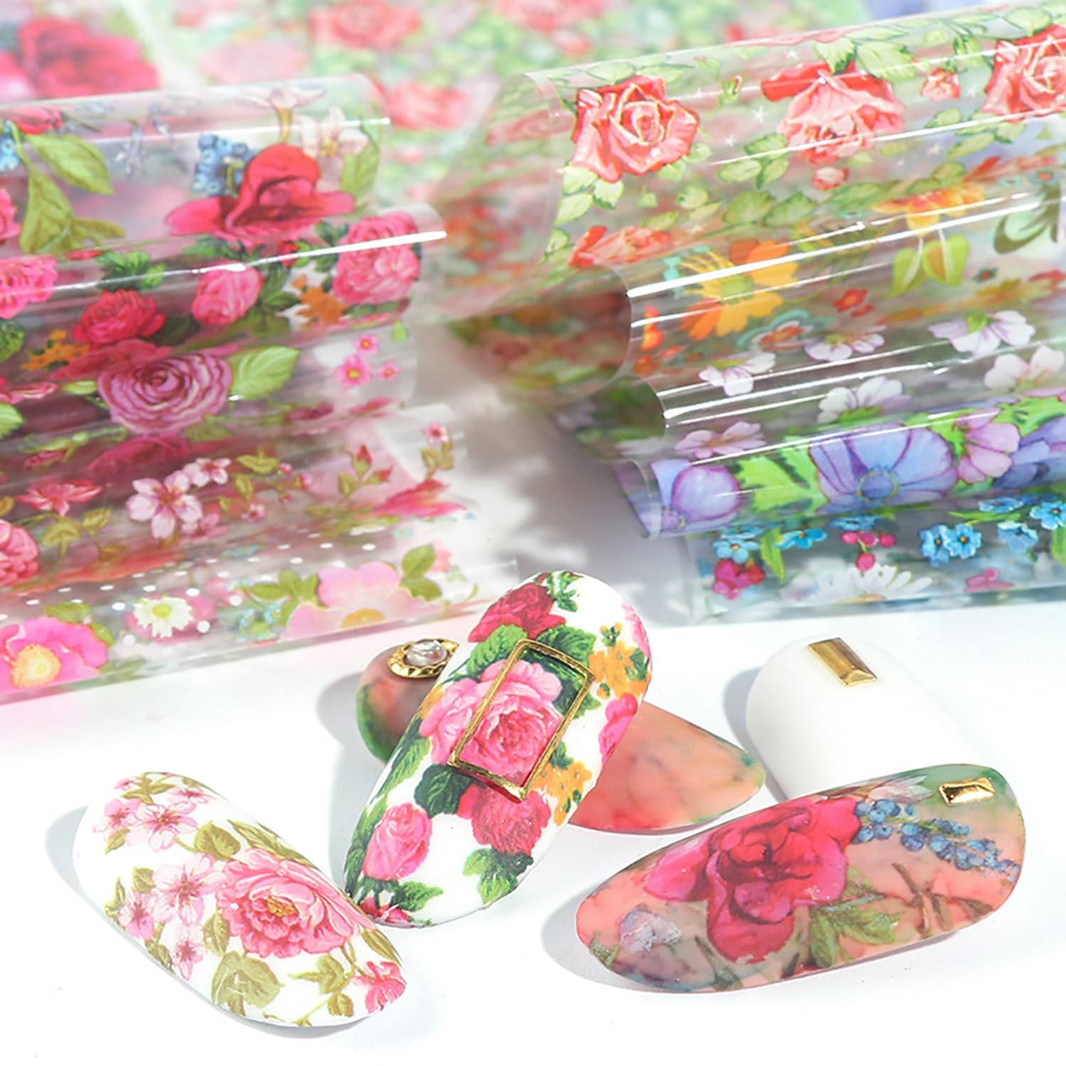 Holographic Floral Nail Foil Wraps - 10 Rolls DIY Nail Art Stickers & Decals for Manicure (39.3 Inch Length) - Perfect for Salon, Home Nail Design & Party Nail Decoration