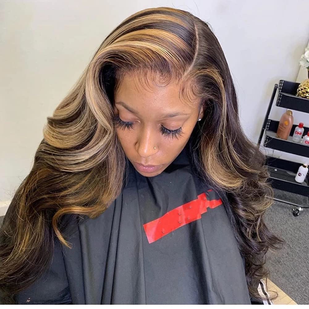 180 Density Honey Blonde Highlight Body Wave Lace Front Wig - 13x6 HD Human Hair Wig with Baby Hair for Black Women | Brazilian Remy Hair, Pre-Plucked, Glueless | Perfect for Daily Wear, Parties, and Special Occasions