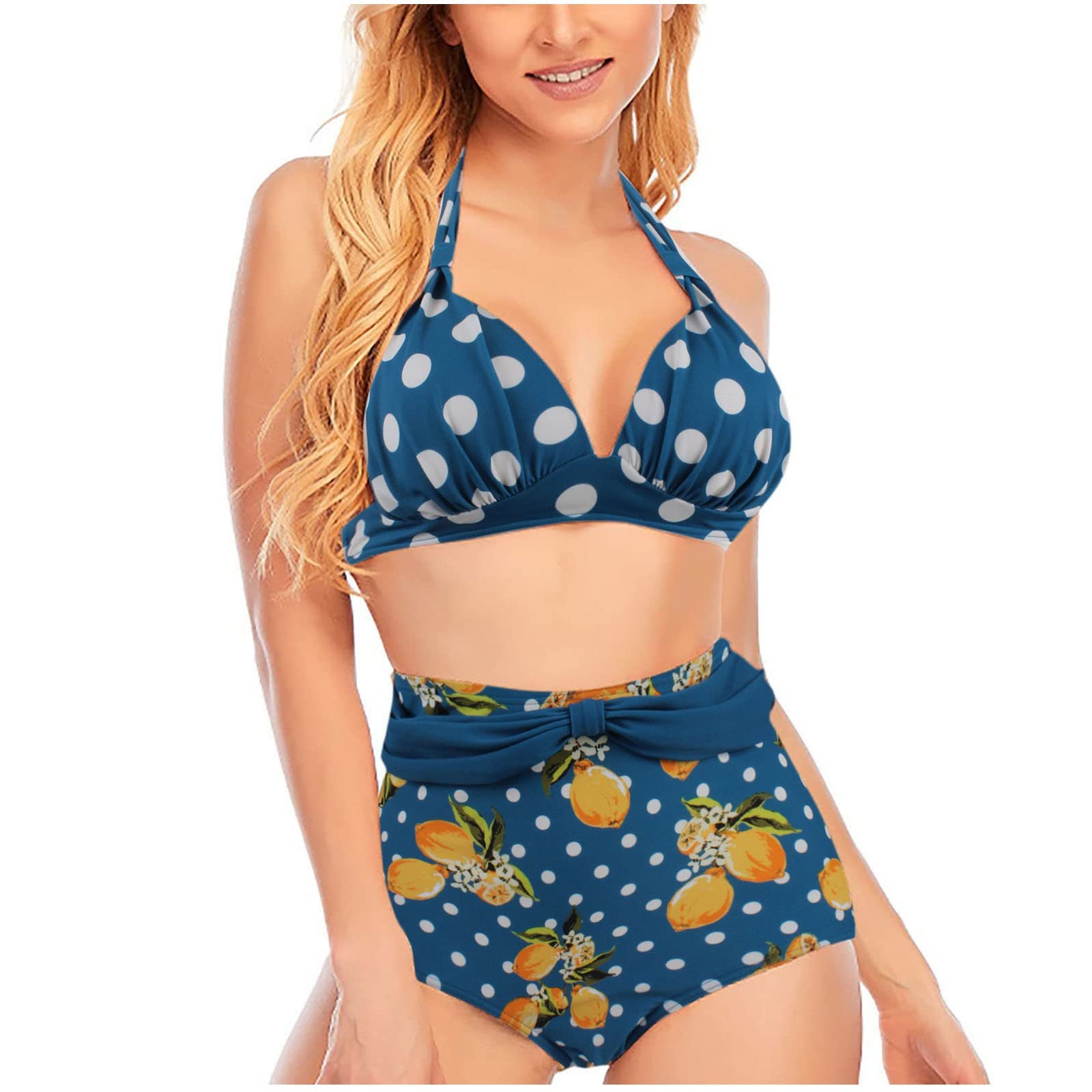 Retro Polka Dot Halter Sparkly High Waist Two Piece Swimsuit for Women - Perfect for Beach Vacations, Pool Parties & Summer Getaways