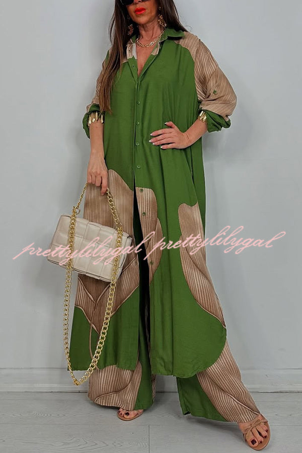 Stylish Printed Casual Loose Long Shirt & Elastic Waist Pocket Wide Leg Pants Set - Women's Comfortable Outfit for Work, Travel and Daily Wear