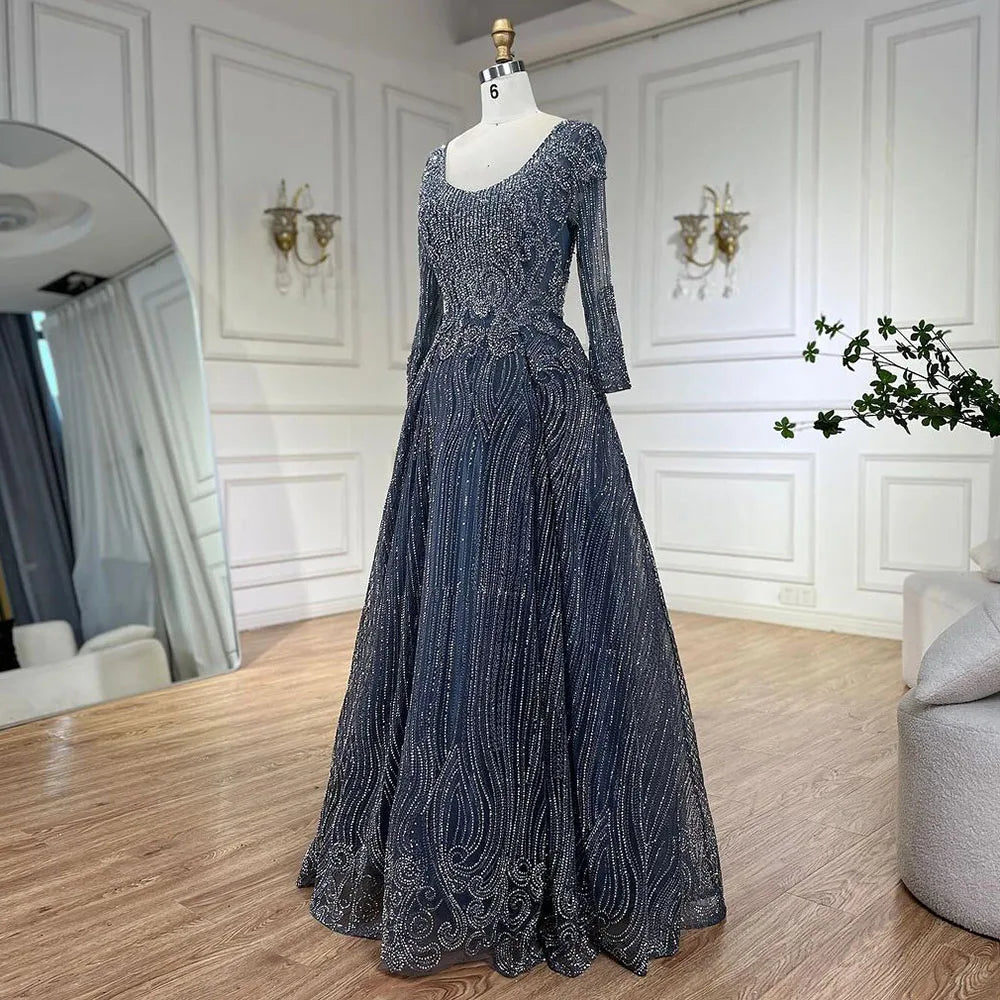 Luxury Dubai Evening Dresses for Women 2025 - Elegant A-Line Beaded Muslim Grey Blue Overskirt LA70773A | Perfect for Weddings, Parties & Formal Events