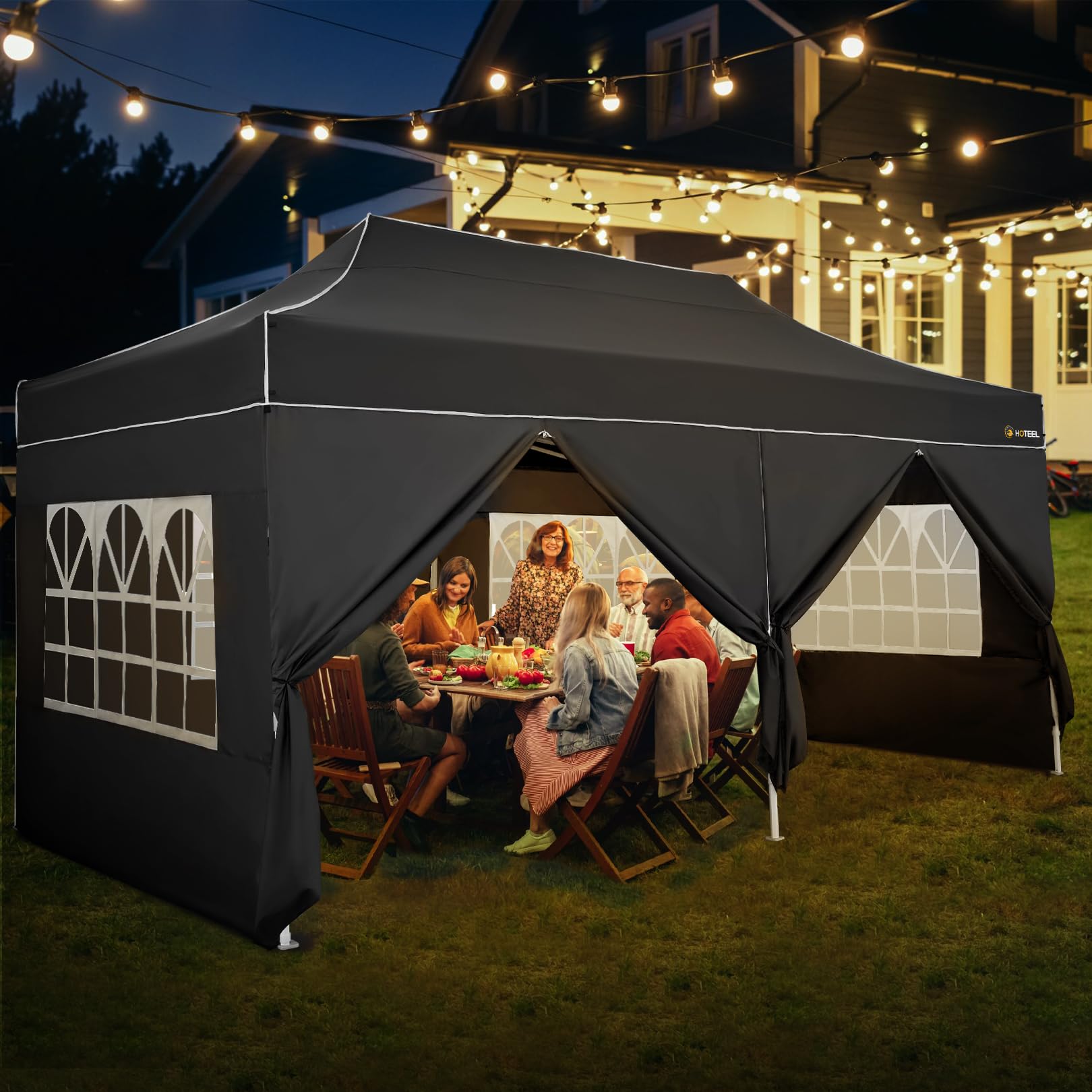 HOTEEL 10x20 Heavy Duty Commercial Pop Up Canopy Tent with Waterproof Sidewalls - UV 50+ Protection & Upgraded Thickened Hexagonal Legs - Includes Roller Bag for Easy Transport - Perfect for Outdoor Weddings, Parties, Events & Camping (Black)