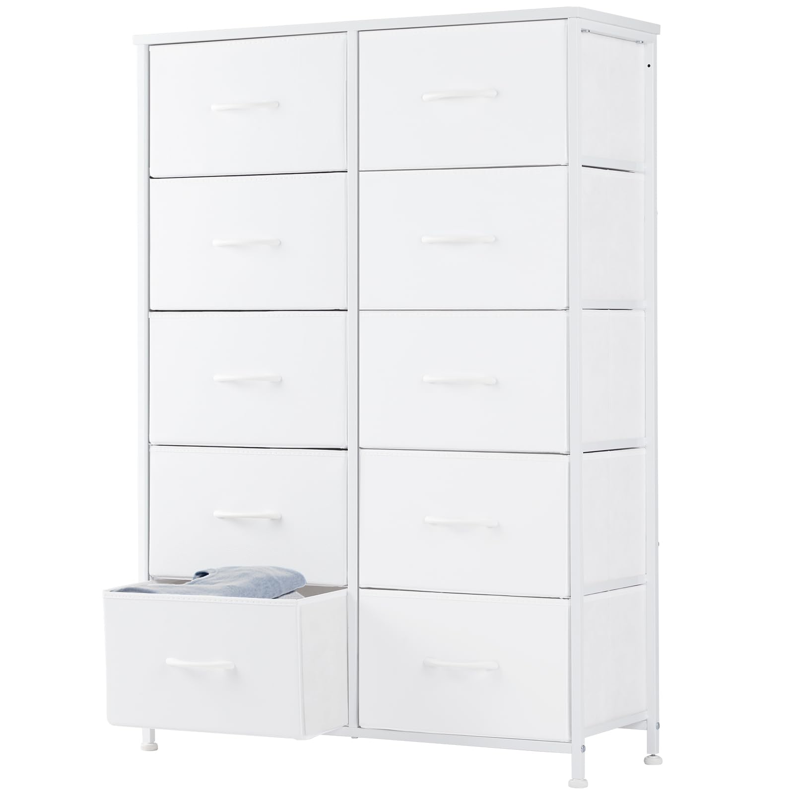 DUMOS 10-Drawer Dresser with Fabric Bins & Sturdy Metal Frame - Wood Tabletop Storage Tower for Bedroom, Kids Room, Closet, Nursery, Entryway - Grey & White | Perfect for Organizing Clothes, Toys, and Home Essentials