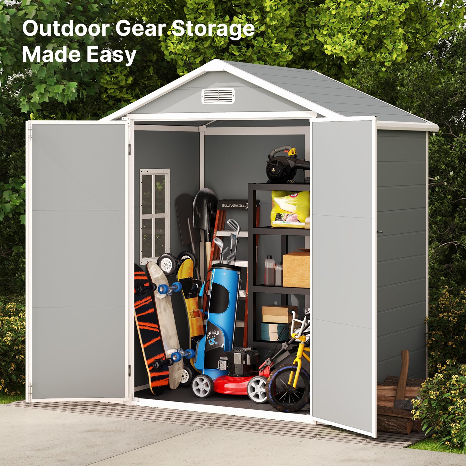 Gizoon 6x4 FT Outdoor Storage Shed - Durable Resin Garden Shed with Lockable Door & Floor - Perfect for Patio, Backyard, Lawn & Pool Storage (Gray) - Ideal for Storing Tools, Pool Supplies & Seasonal Items