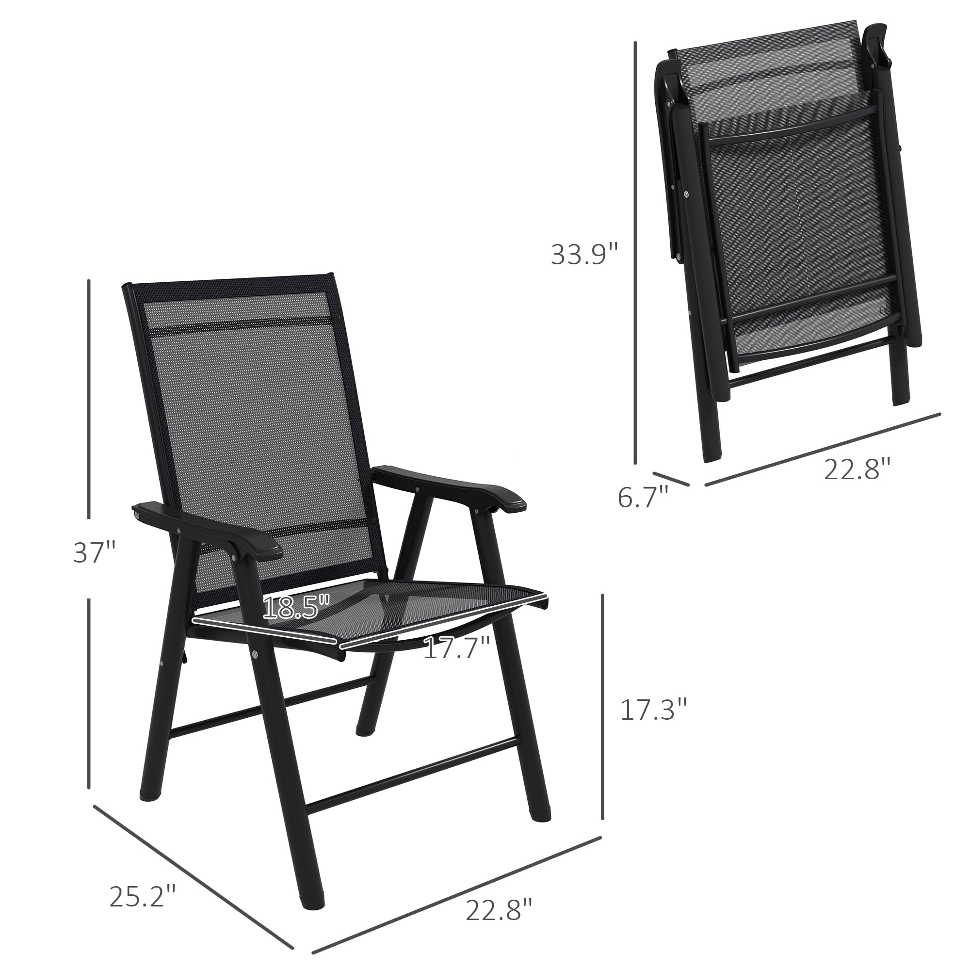 Outsunny 4-Piece Stackable Folding Patio Chairs Set - Black Metal Frame Outdoor Dining Chairs with Armrests for Lawn, Camping, Beach & Backyard - No Assembly Required | Perfect for BBQs, Poolside Lounging & Garden Parties