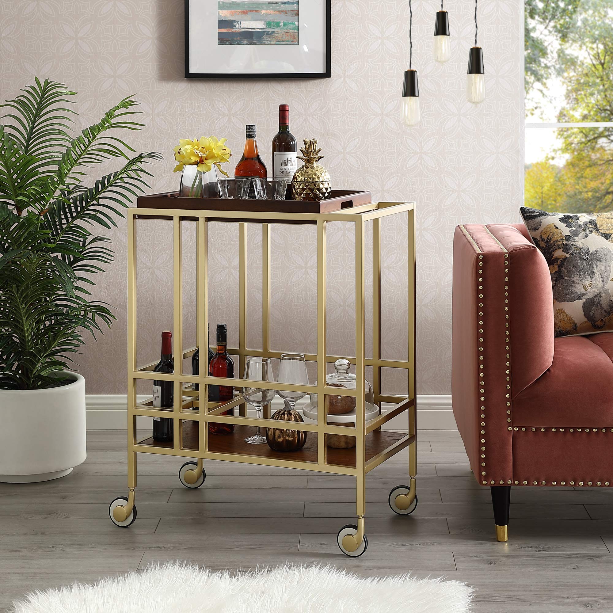 Vintage Walnut Bar Cart with Removable Serving Tray - Mobile Wine Bottle Storage Cart on Wheels - Perfect for Home Bar, Living Room Decor & Entertaining Guests