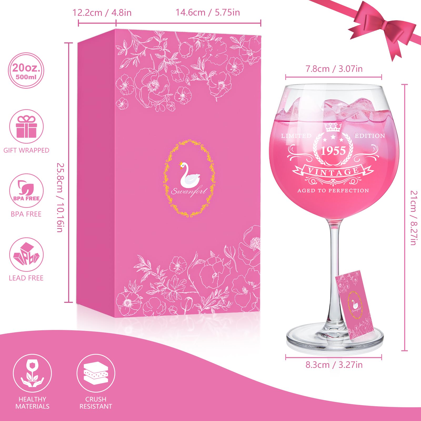 1955 70th Birthday Wine Glasses Set - Elegant 70th Birthday Gifts for Women, Wife, Mom, Sister - Perfect for Celebrations, Parties & Anniversary Decorations