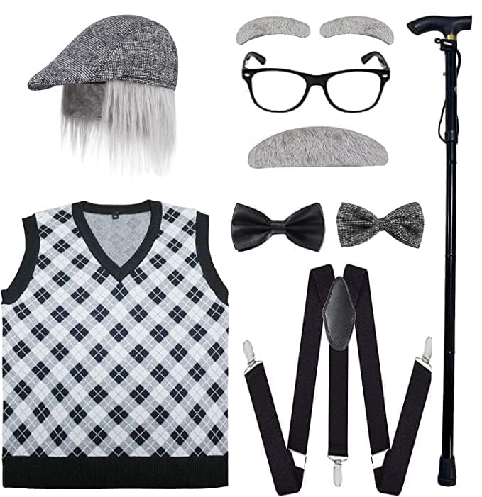 ATTBEA Old Man Costume for Kids - 100 Days of School Costume for Boys with Hat & Glasses - Funny Dress Up Outfit for School Events, Halloween & Themed Parties