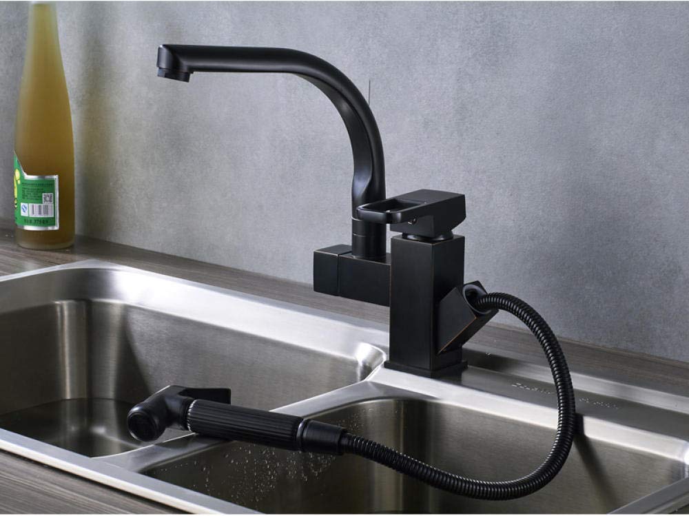 Black Bronze Swivel Spout Kitchen Sink Faucet - Deck Mounted Pull Out Sprayer Bathroom & Kitchen Mixer Tap - Chrome Finish for Vanity Sink - Perfect for Modern Home, Restaurant & Commercial Use