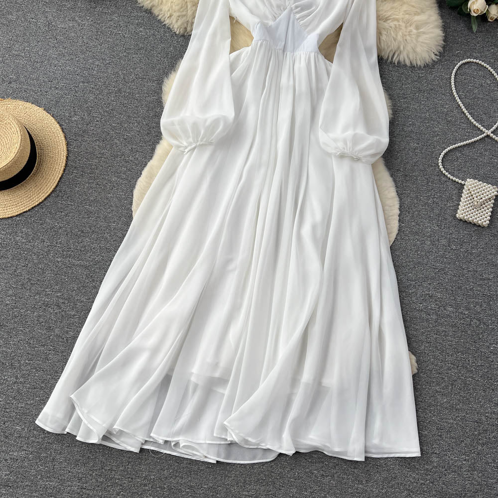 Fairy White Mesh Dress for Women - Summer V-Neck Lantern Sleeve Tulle Swing Dress with Flowy Skirt | Perfect for Weddings, Parties, and Special Occasions