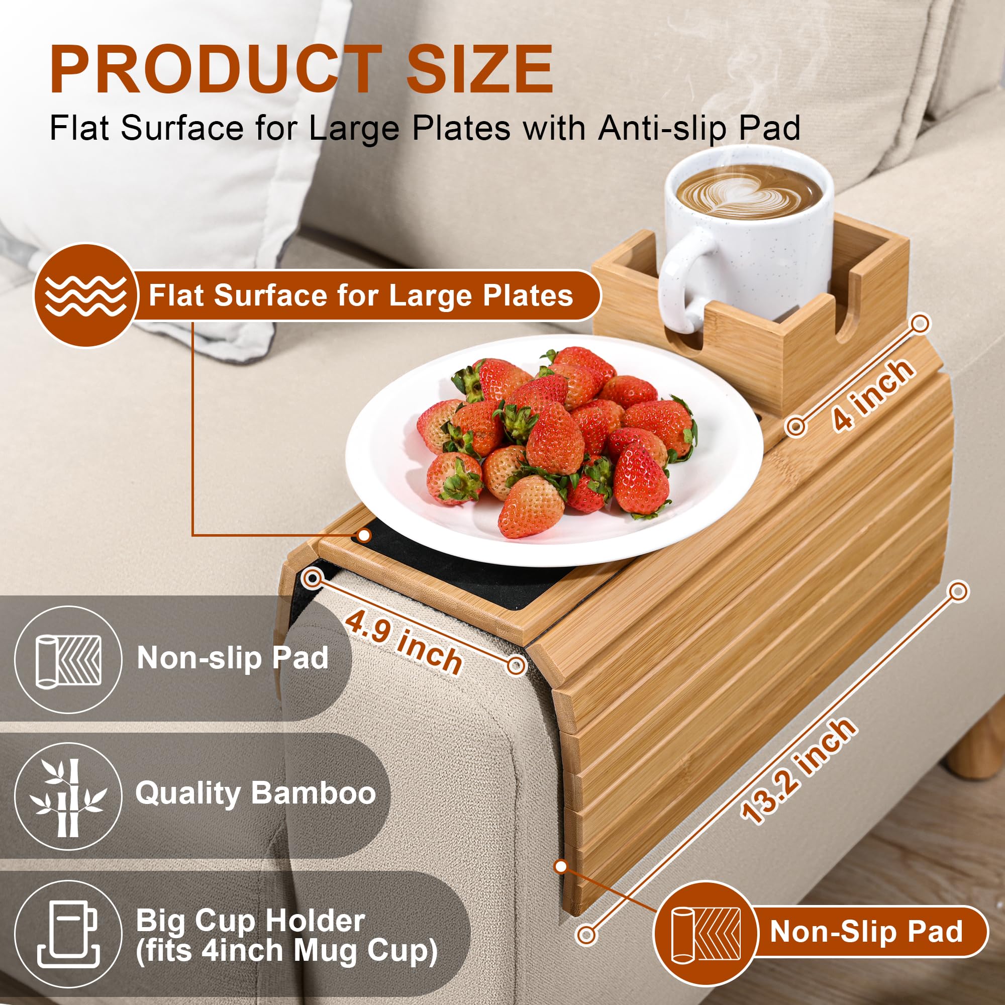 Joy&Grace Bamboo Sofa Armrest Tray with Large Mug Holder - Foldable Anti-Slip Couch Cup Holder & Arm Table for Eating, Drinking, Holding Phone - Perfect for Living Room, Bedroom, Office (Natural Color)