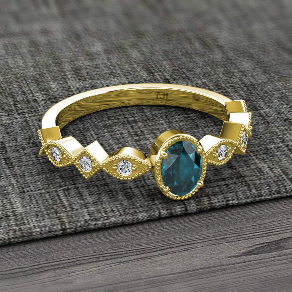 14K Gold Oval Cut London Blue Topaz & Natural Diamond Women's Engagement Ring - 1 ctw Marquise Square Milgrain Design for Weddings, Anniversaries & Special Occasions