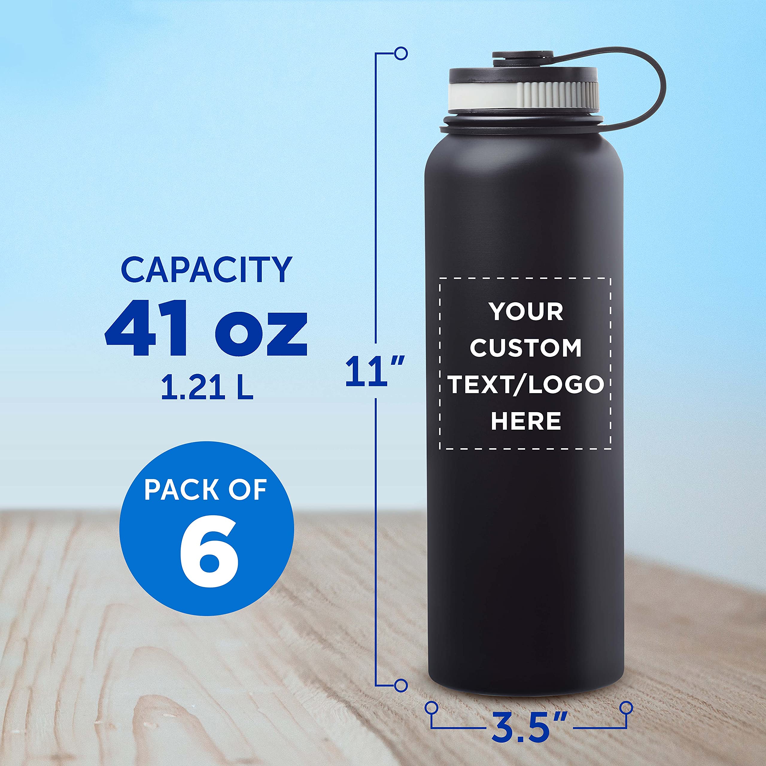 6 Pack 41 oz Stainless Steel Vacuum Insulated Water Bottles - Double Wall Thermal Design, Custom Text & Logo, Black - Perfect for Gym, Hiking, Camping & Office Use