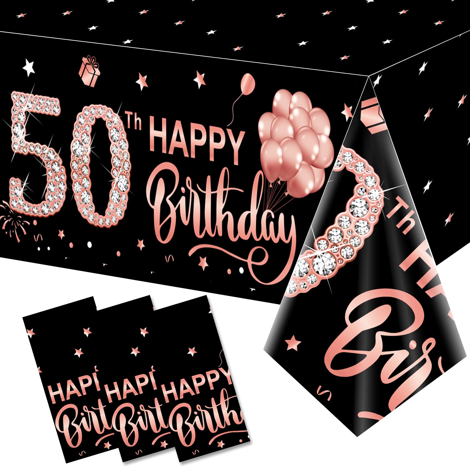 3 Pack Rose Gold 50th Birthday Tablecloth Decorations for Women - Happy 50th Birthday Party Supplies, Disposable Plastic Rectangular Table Cover - Perfect for Milestone Celebrations, Anniversary Parties & Special Events