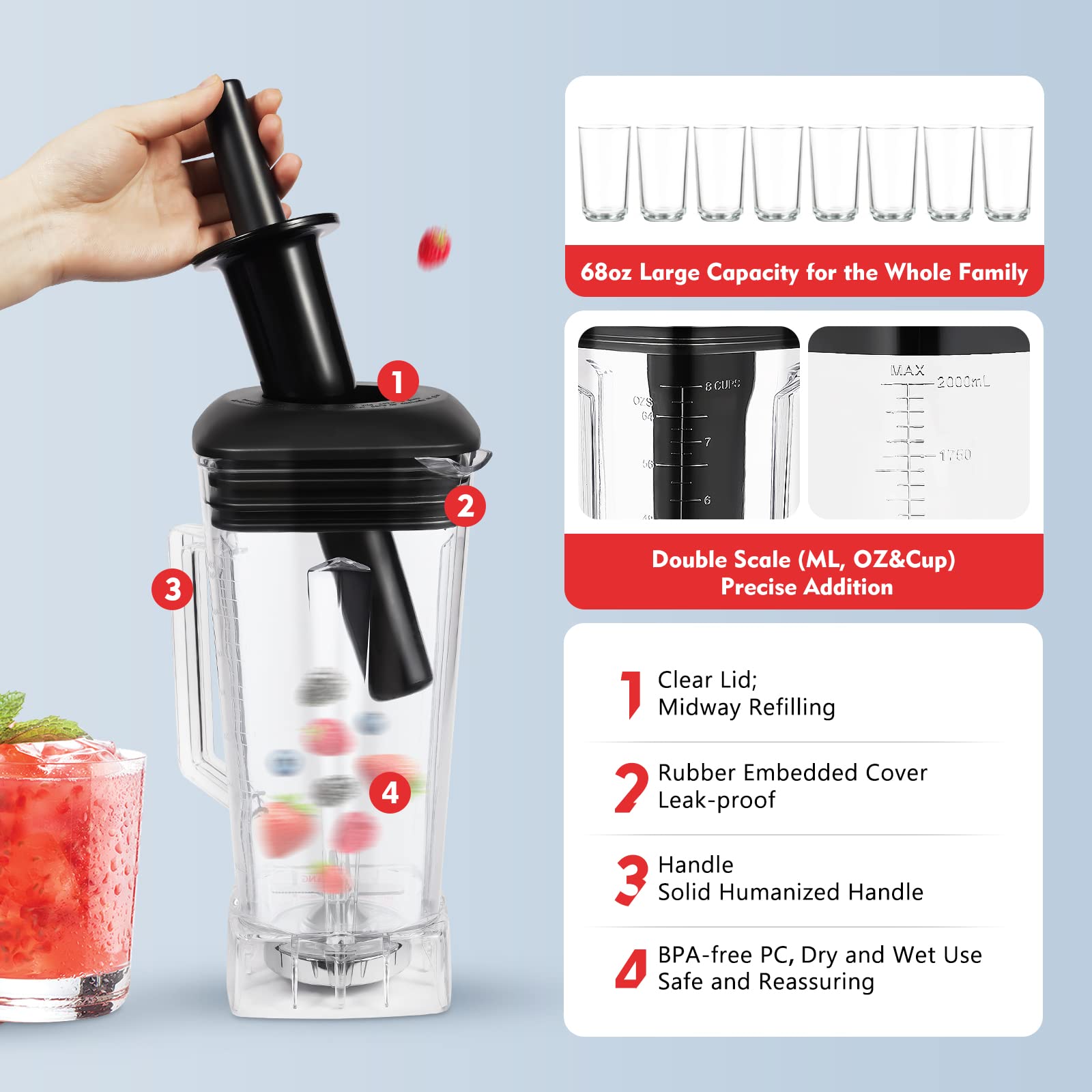 2200W Commercial Grade 2L Electric Countertop Blender - Heavy Duty Food Processor & Automatic Juicer with 10 Speed Settings - Perfect for Smoothies, Shakes, Baby Food & Kitchen Prep (Red)