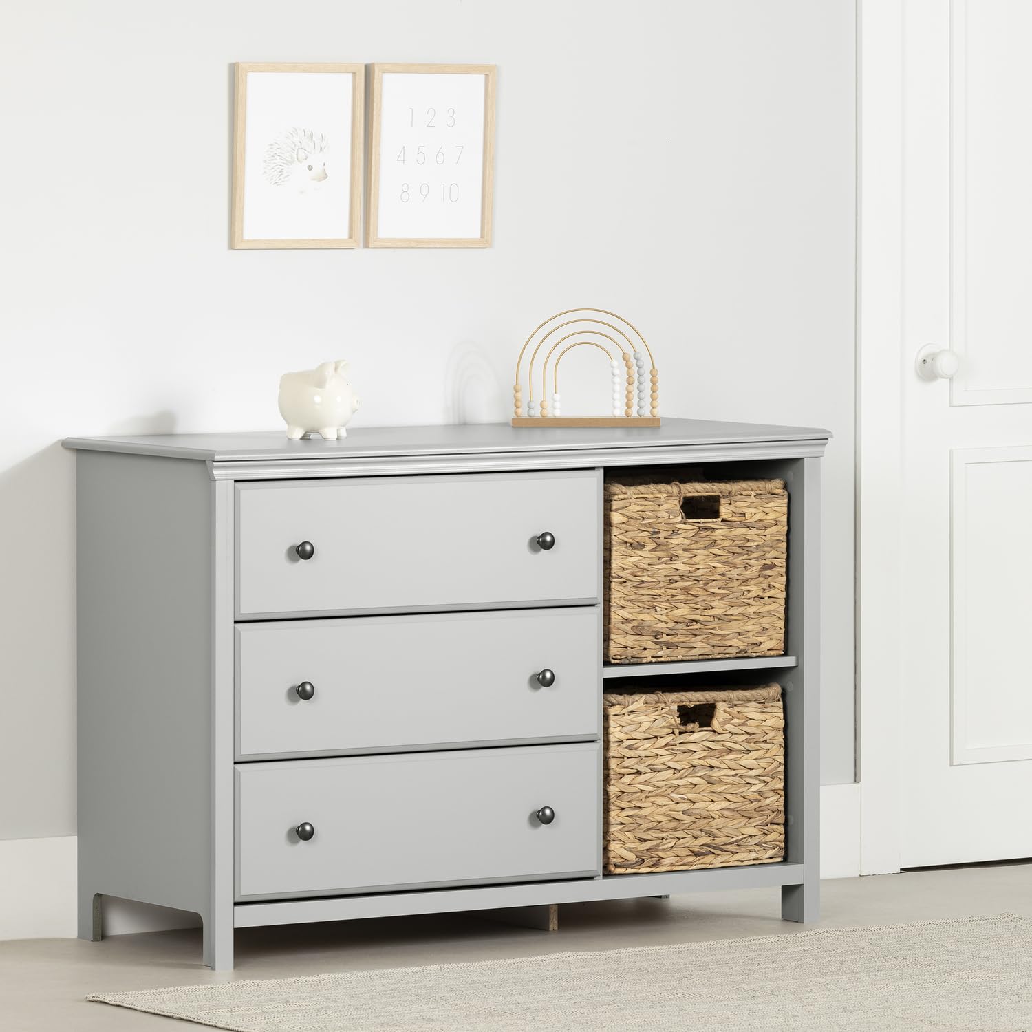 South Shore Cotton Candy 3-Drawer Dresser with Baskets, Soft Gray - Modern Kids Bedroom Storage Solution for Clothes, Toys & Nursery Organization