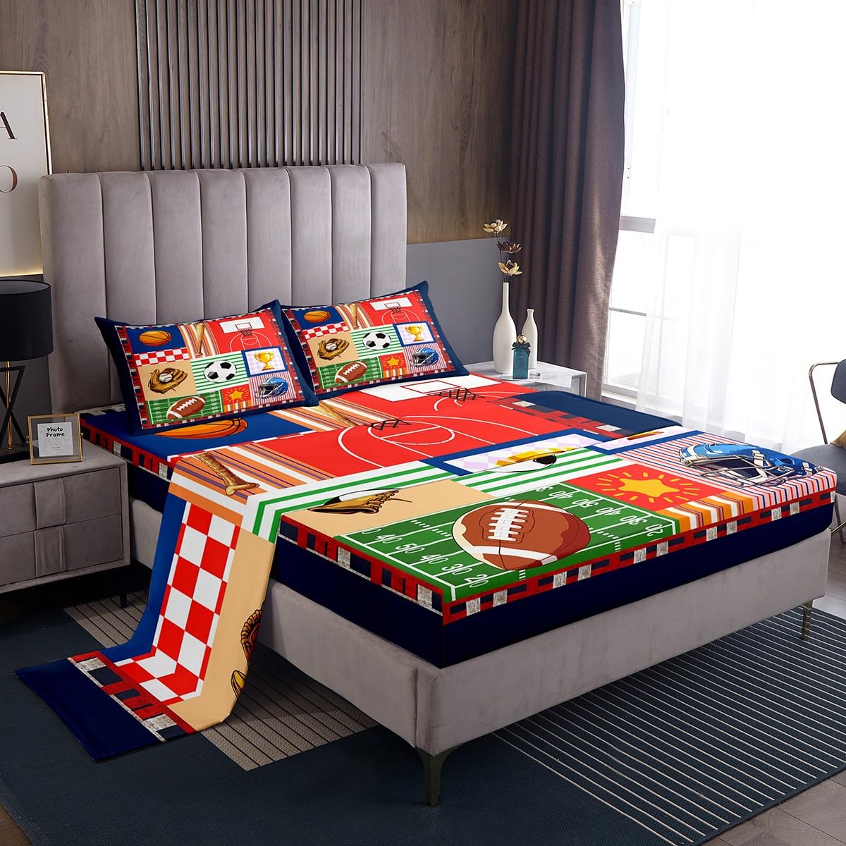 Feelyou Kids Football Sheet Set - Full Size Cute Soccer & Baseball Bedding for Boys & Girls - Sports Themed Striped Grid Sheets with Deep Pocket Fitted Sheet (4Pcs) - Perfect for Kids' Room Decor, Birthday Gifts & Sports Enthusiasts